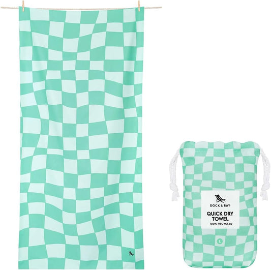 Dock & Bay Beach Towel - Quick Dry, Sand Free - Compact, Lightweight - 100% Recycled - Includes Bag - Check Mate - Large (160x90cm, 63x35)