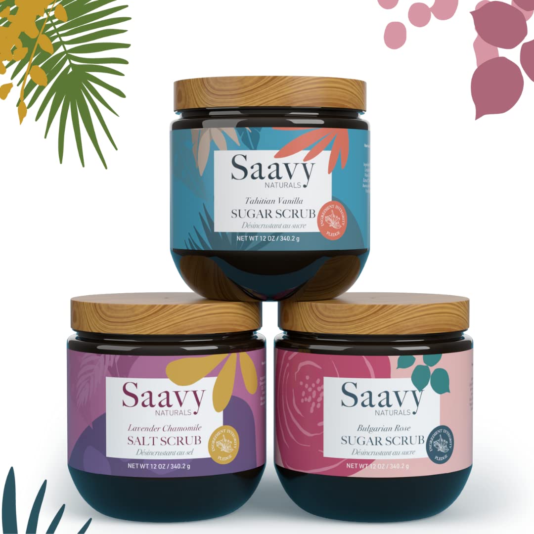 Saavy Naturals Lavender Chamomile Salt Scrub, blend of mineral rich, Dead Sea salts infused with organic oils, Vegan Natural Body Scrub with Vitamin E, Gift Set, 12 Oz 2 Pack -Made in the USA