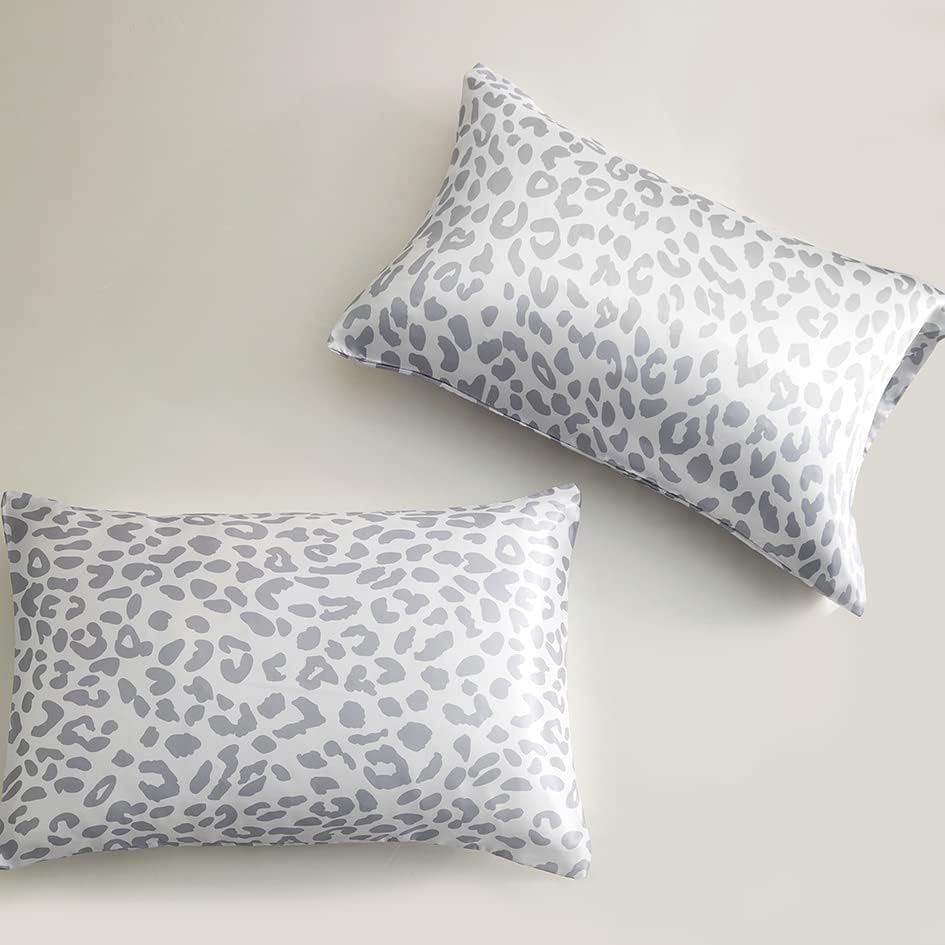 Silky Satin Toddler Pillowcases Pack of 2, 13x18 Inches Grey Leopard Printed Travel Pillowcases with Envelope Closure, Small Kids Pillow Cases Covers