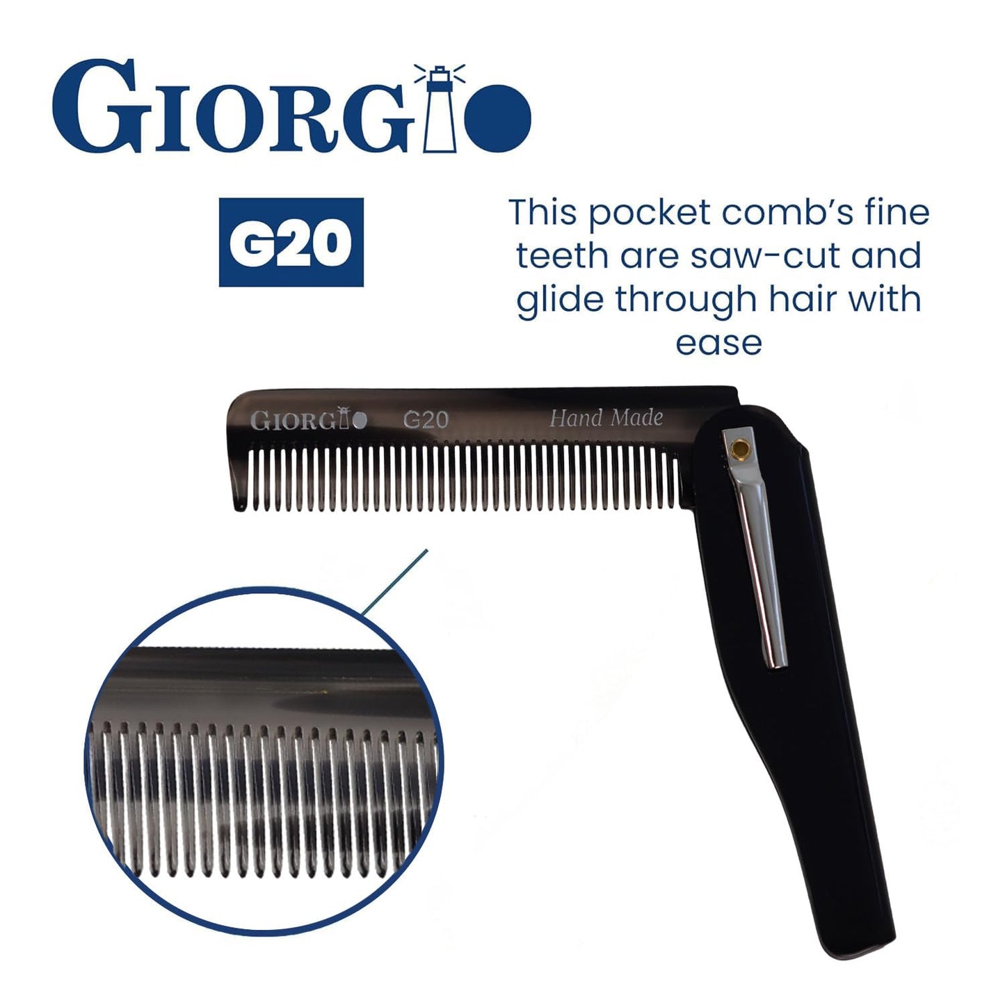 Giorgio G20 Fine Tooth Folding Mustache and Beard Comb 6.5 Inches - Small Pocket Comb for Everyday Hair Care and Styling - Sawcut and Hand Polished (Black Graphite)