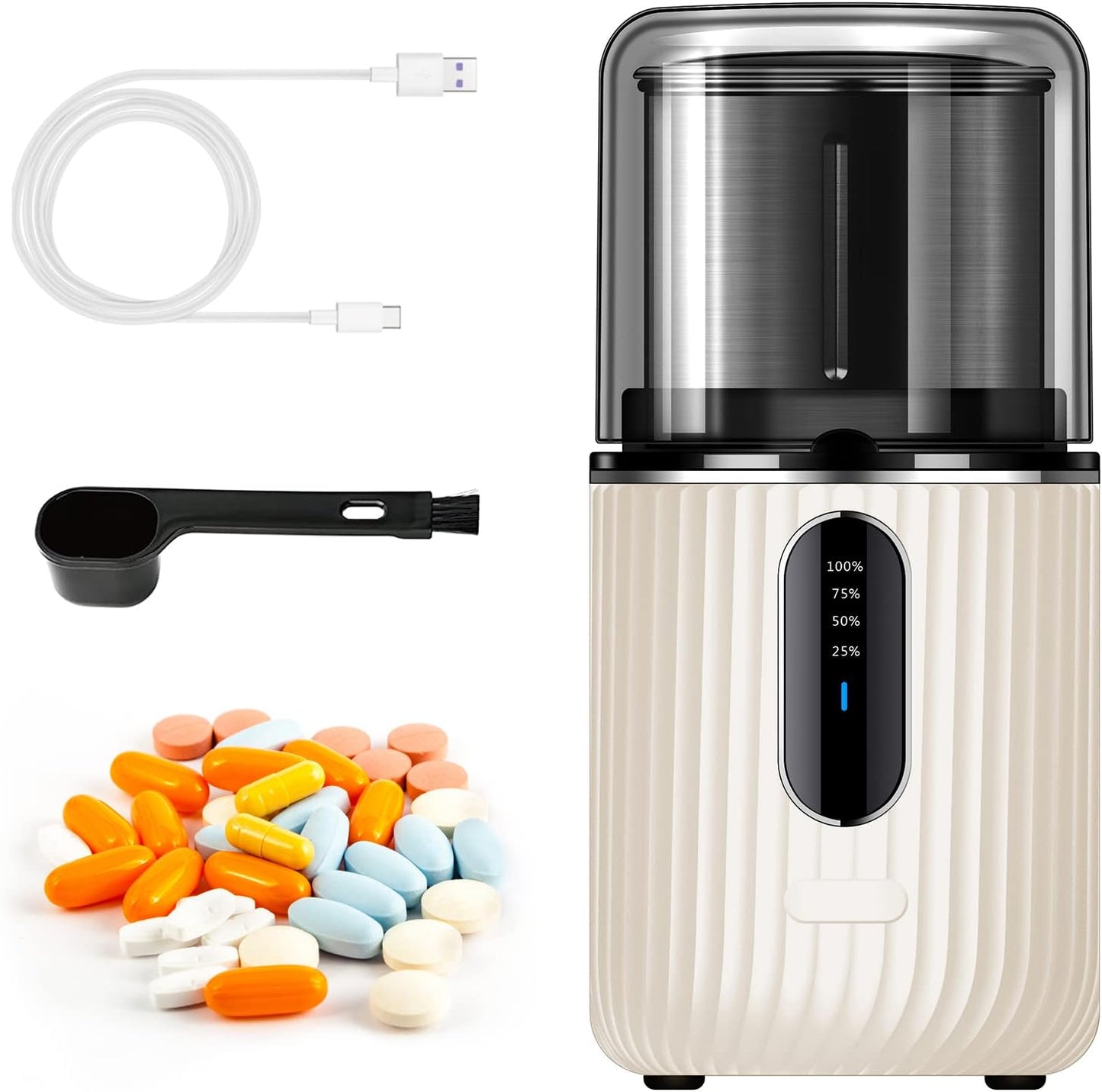 Cordless Electric Pill Crusher Grinder - Pill Cutters for Small or Large Pills and Vitamin Tablets to Fine Powder - Electronic Pill Pulverizer - Removable Grinding Cup for Easy Cleaning