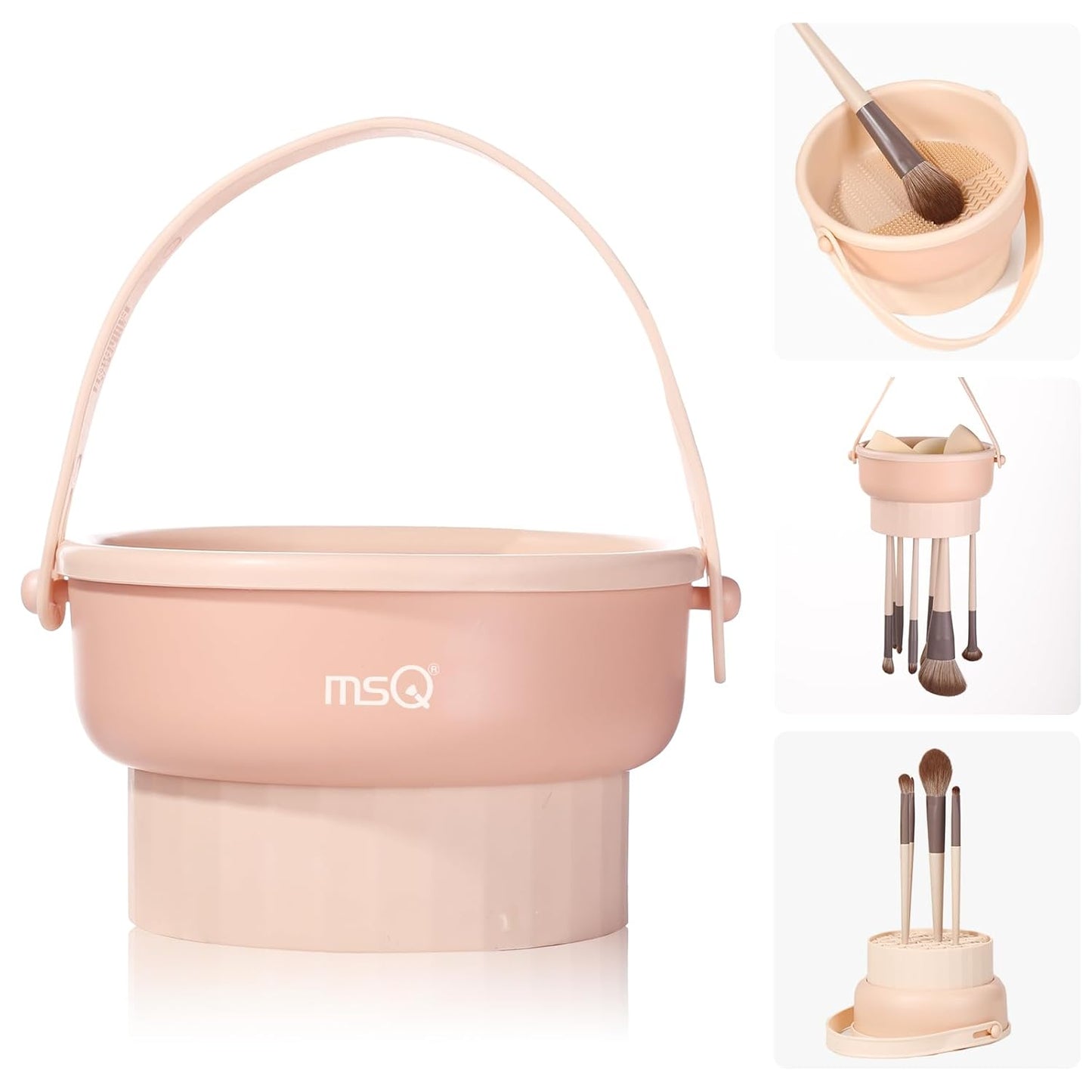 Makeup Brush Cleaning Mat, MSQ 3 In 1 Silicone Makeup Brush Cleaner Bowl with Brush Drying Holder, Makeup Scrubber for Makeup Brushes, Makeup Sponge, Powder Puff (Orange)