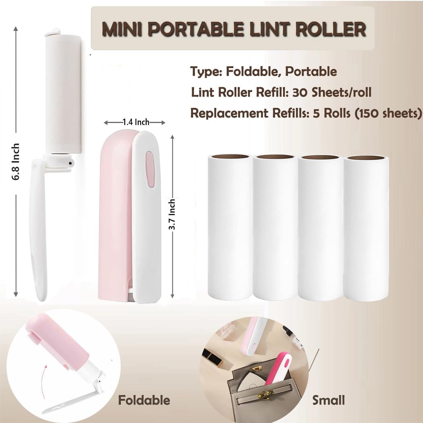 Mini Lint Roller with 150 Sheets, Travel Size Portable Lint Roller Compact Pet Hair Remover with 5 Refills, Sticky Small Lint Remover for Pocket Travel Essentials for Clothes (Pink)