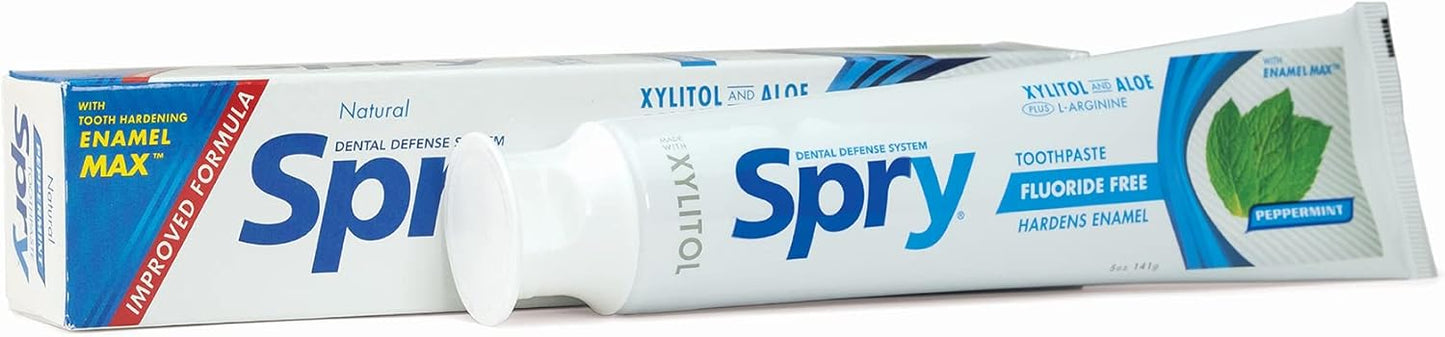 Spry Natural Xylitol Toothpaste 5oz for Adults and Kids - Fluoride Free, Gentle for Sensitive Teeth Whitening and Remineralizing, Breath Freshening, Mouth Moisturizing, Peppermint (Pack of 3)