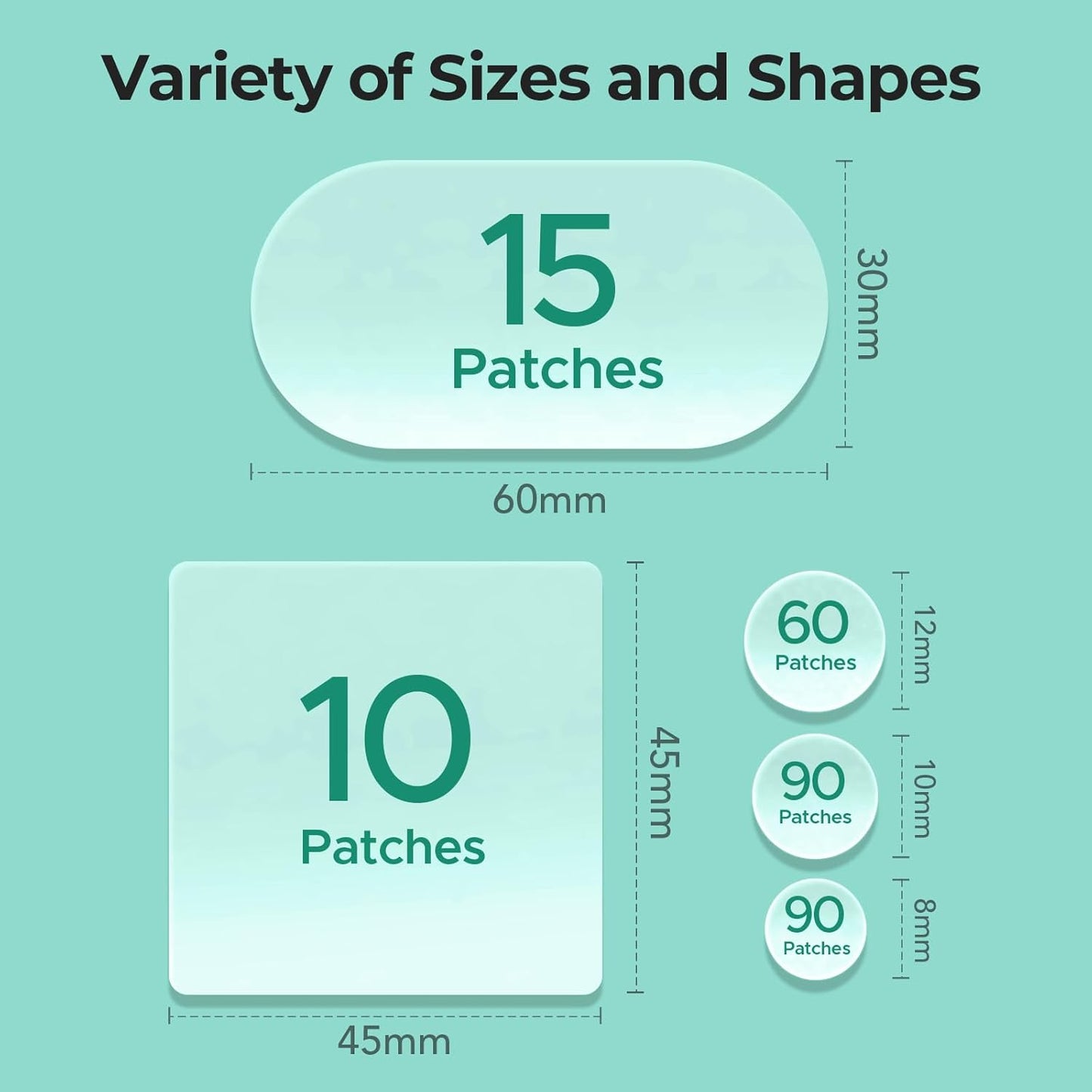 TKTK Large Pimple Patches for Face, 60 x 30 mm XL Acne Patches, Big Hydrocolloid Bandages for Body, Back, Forehead, Chin, Neck Blemish Zit Breakouts (Oval, Square, Dot 5 Sizes 265 Count)