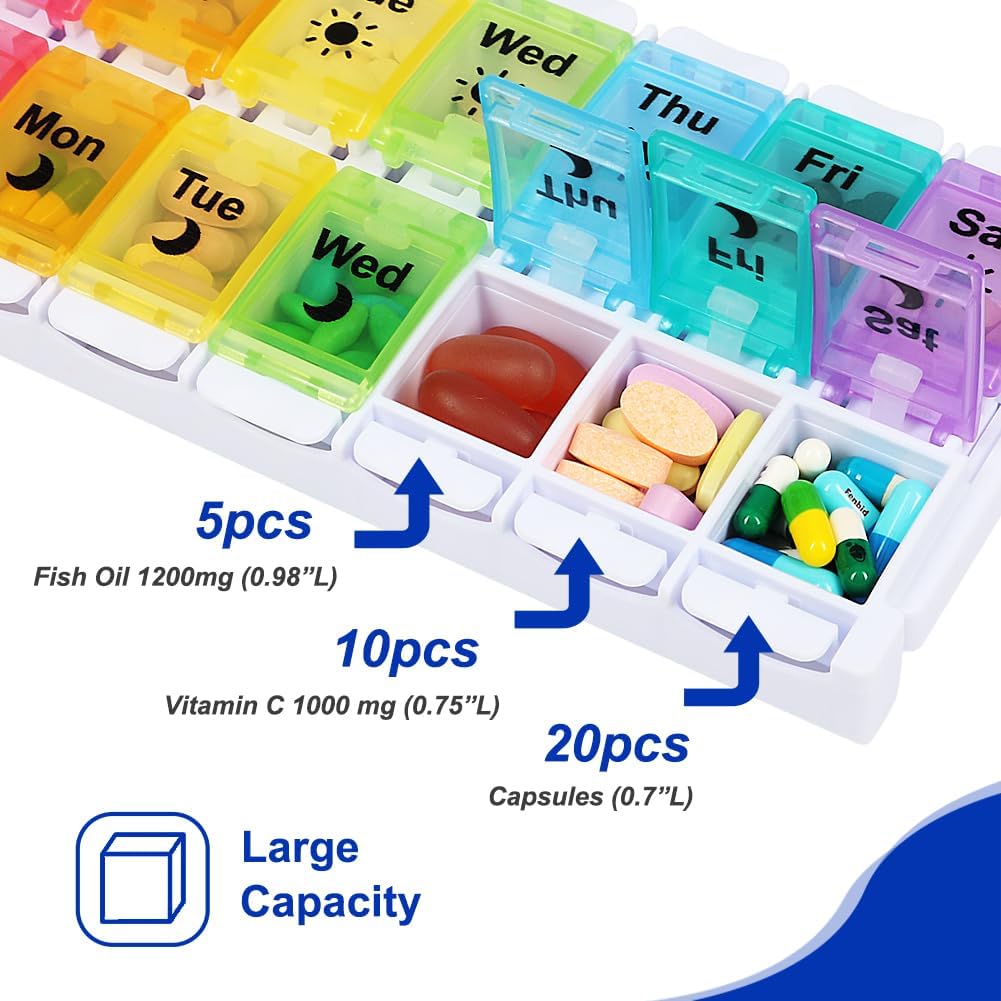 HRX Package Medicine Pill Boxes 7 Day AM/PM, Easy Fill & Open Medication Organizer Vitamin Reminder Holder Day and Night