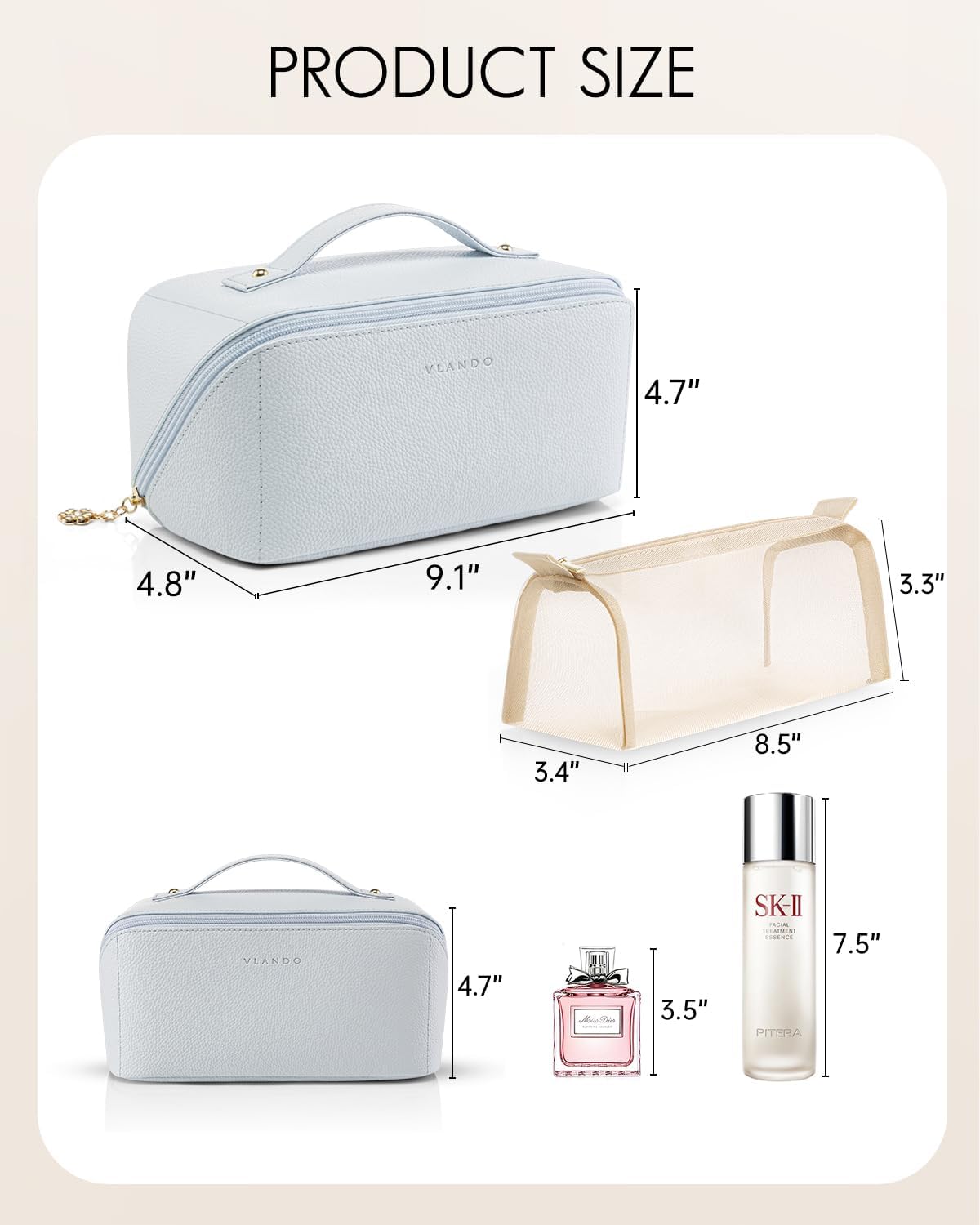 Vlando Makeup Bag,Large Capacity Toiletry Bag for Women Waterproof Portable Make up Pouch PU Leather Open Flat Cosmetic Bag(Baby Blue)