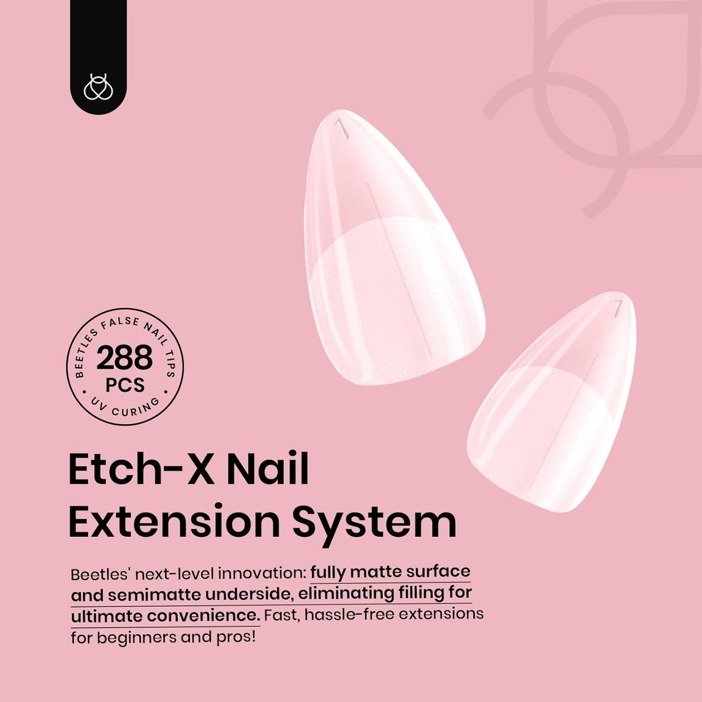 Beetles Short Almond Nail Tips - 288PCS 12 Sizes Full Matte Cover Pre-Etched & Pre-Shaped Soft Gel False Nail Tips Acrylic Nail Tips Nail Extension Tips for Gel Polish DIY Manicure