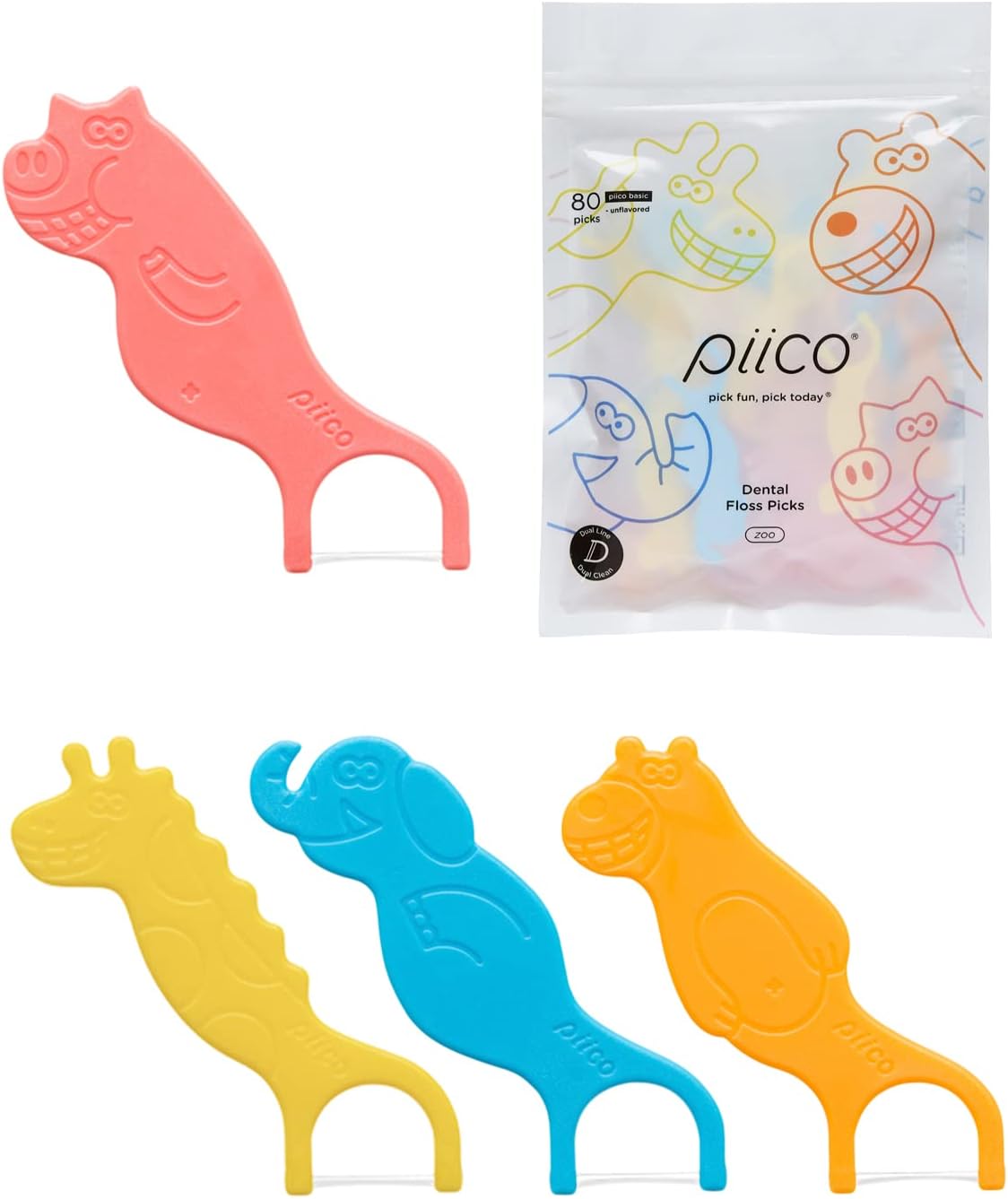 Piico Unflavored Kids Floss - No Fluoride Dual Line Dental Floss Picks - Fun Oral Care in Colorful Floss Sticks Design - Kids Flossers Avoid Tooth Decay & Gum Disease - 80 Count Zoo