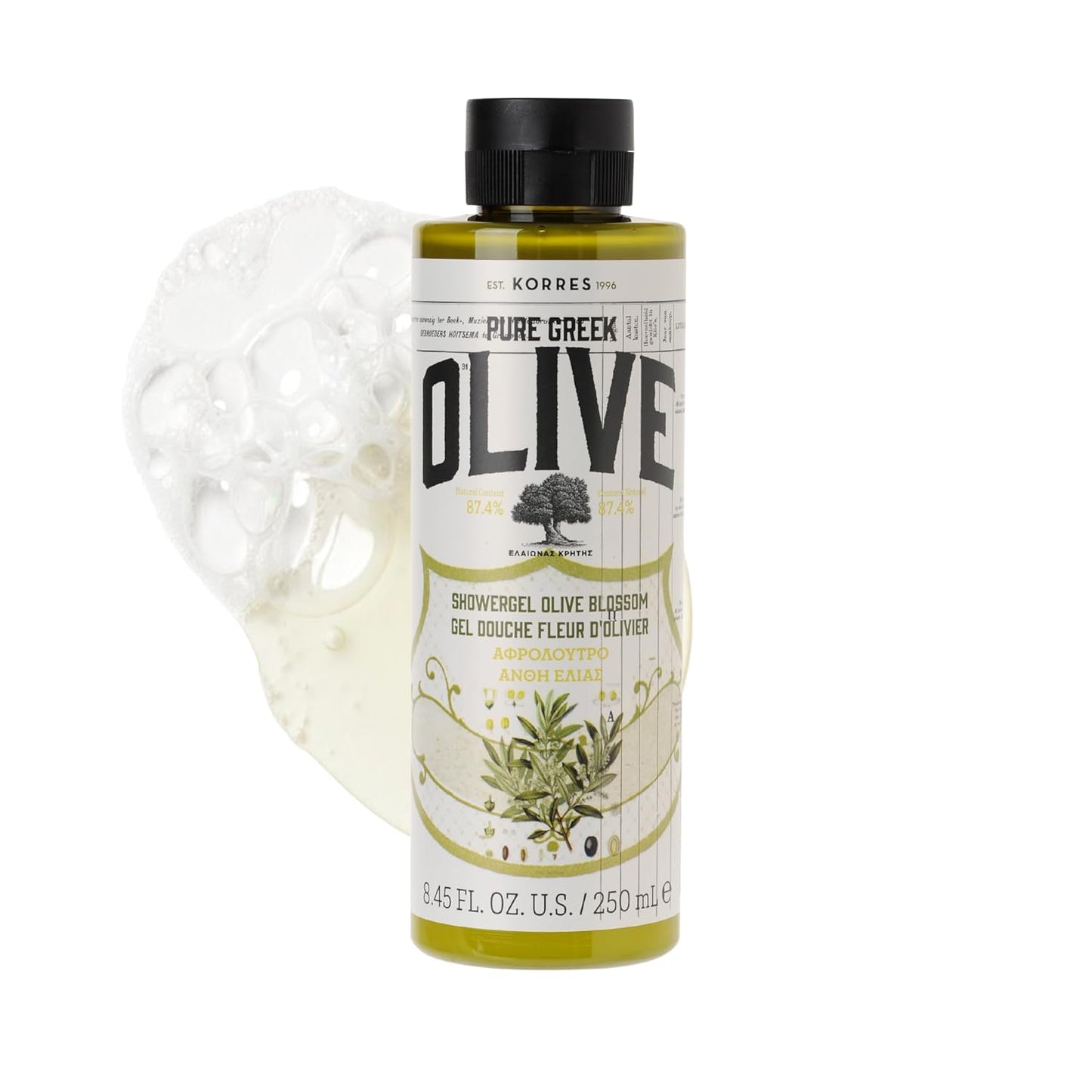 KORRES Shower Gel for Dry Skin, Moisturizing Body Wash Cleanser Made with Pure Greek Olive Oil, Hydrating and Nourishing Bath Soap for Smooth, Supple Skin, Olive Blossom Scented, 8.45 fl oz