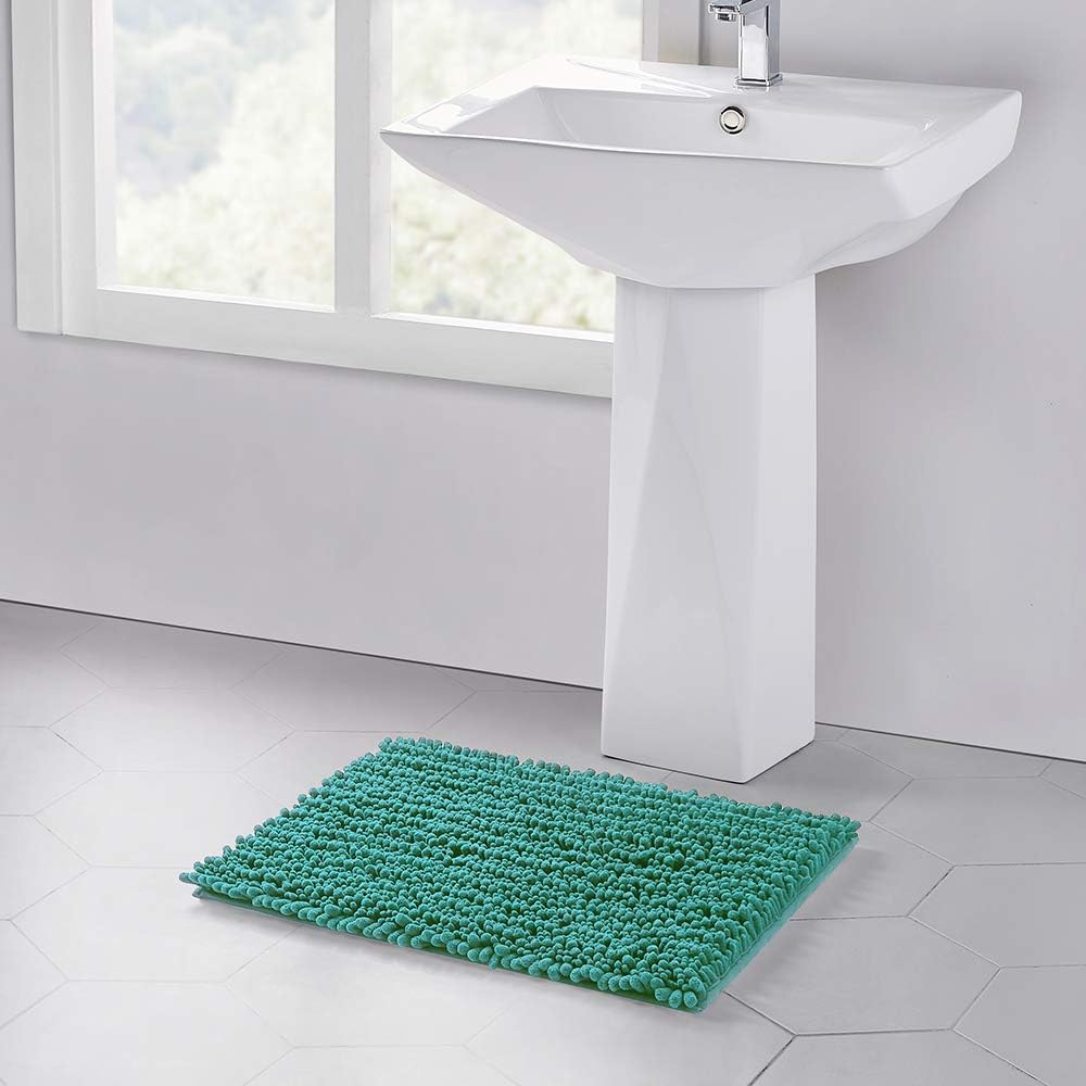 Walensee Bathroom Rug Non Slip Bath Mat (24x17 Inch Turquoise) Water Absorbent Super Soft Shaggy Chenille Machine Washable Dry Extra Thick Perfect Absorbant Best Small Plush Carpet for Shower Floor