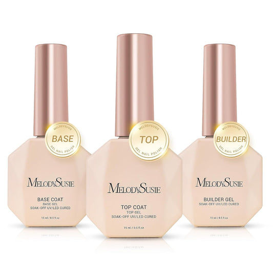 MelodySusie No Wipe Glossy Top Coat Base Coat Builder Gel 019 Set Long Lasting Shine Finish Soak Off UV LED Nail Lamp Nail Art Design Manicure Kit Perfect Gifts for Women Girls 3 Pcs 15ml