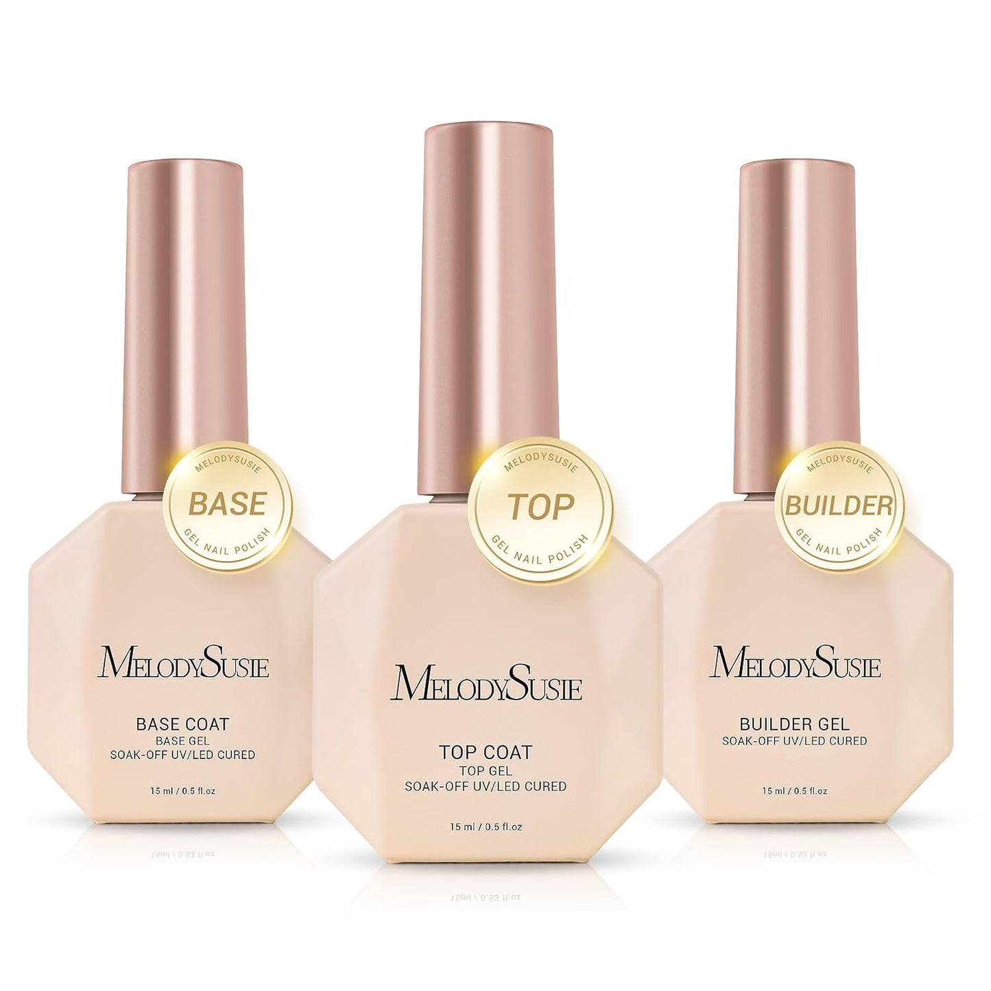 MelodySusie No Wipe Glossy Top Coat Base Coat Builder Gel 027 Set Long Lasting Shine Finish Soak Off UV LED Nail Lamp Nail Art Design Manicure Kit Perfect Gifts for Women Girls 3 Pcs 15ml