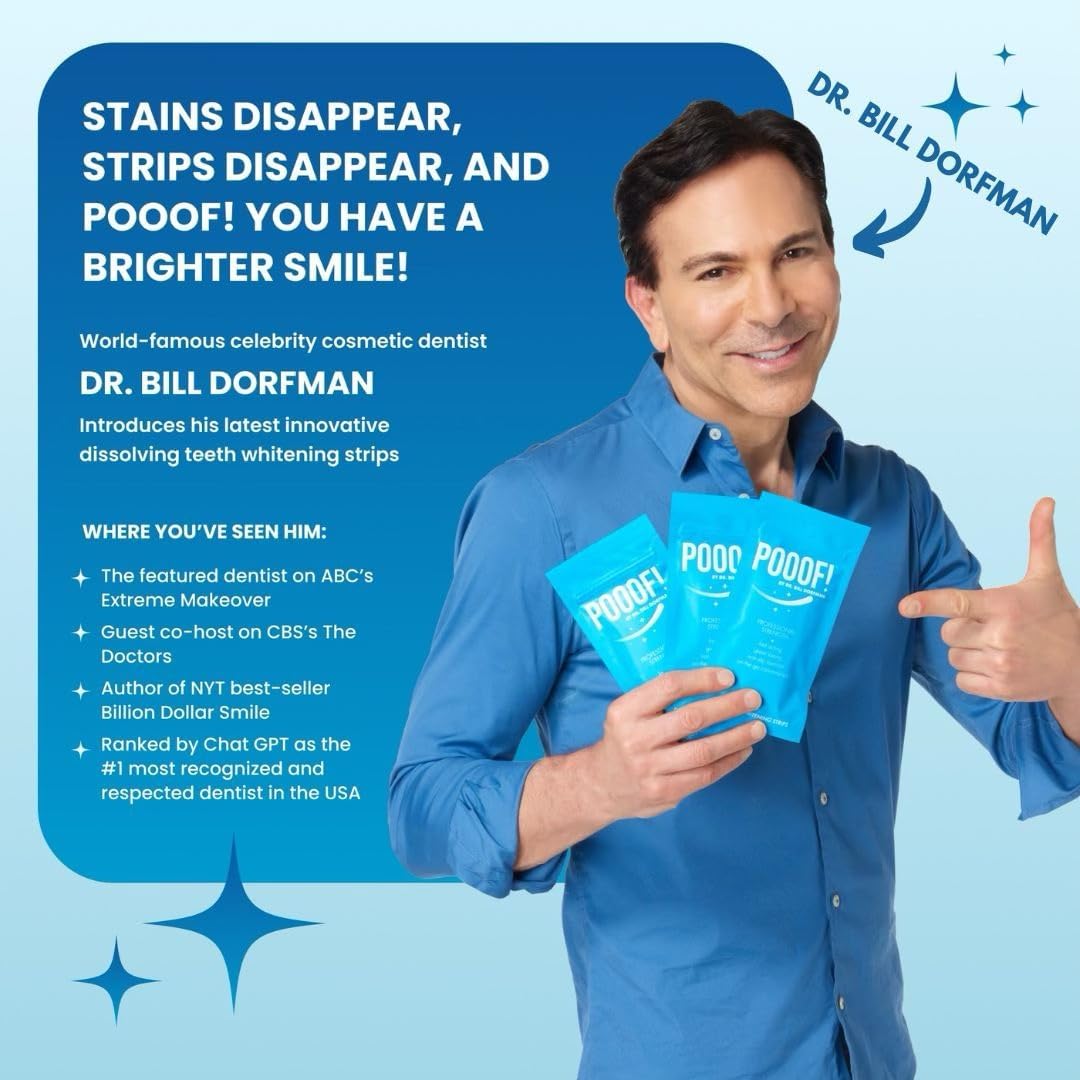 POOOF! Dissolving Teeth Whitening Strips by Dr. Bill Dorfman | 12% Hydrogen Peroxide | No-Slip Melt-Away Advanced Seal | Fast Stain Removal | Enamel & Sensitive Safe | 20 Ct (10-Day) | Polar Mint