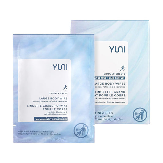 YUNI Beauty Large Body Wipes (Unscented, 12 Count) Super Soft Moist Showerless that Cleanse & Deodorize - On-the-Go Waterless Body Cleanser - Biodegradable Individually Wrapped Wipes for Travel