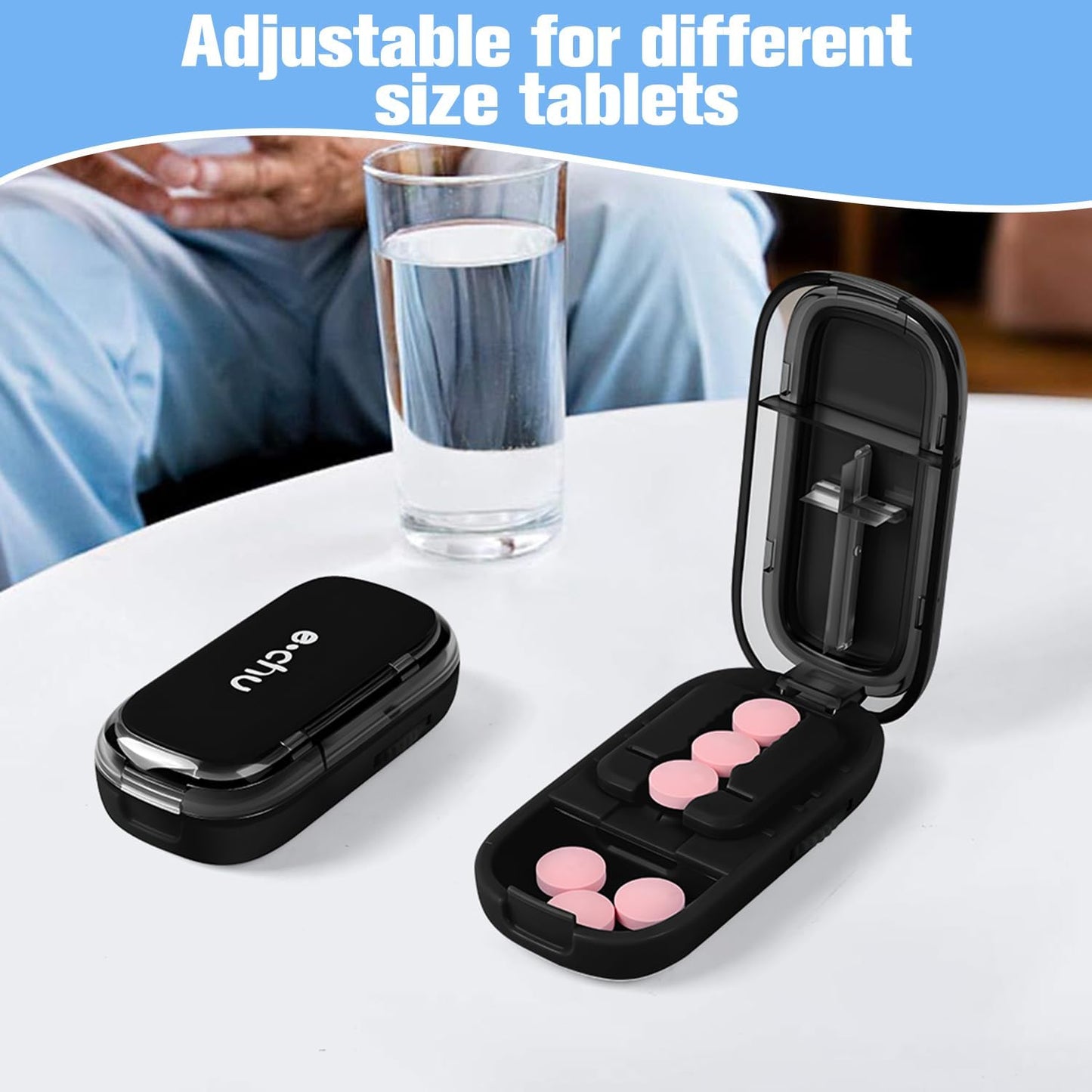 Pill Cutter Splitter for Small and Tiny Pills, Larger Pills, Echu Pill Cutter, Adjustable 1/2 1/4 Splitter with Improved Sharp Blade, Accurate Centering Alignment Device (Black)