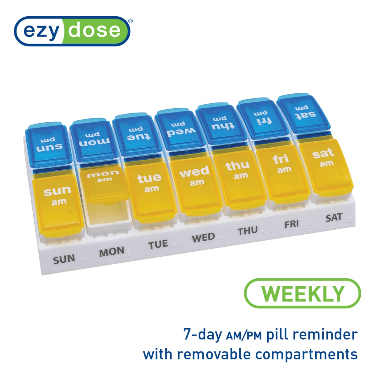 EZY DOSE Weekly AM/PM Pill Organizer, 7-Day Vitamin and Medication Box with Large Pop-Out Compartments, 2 Times a Day Pill Holder for Easy Dosing, Yellow and Blue Lids, Travel-Friendly Design