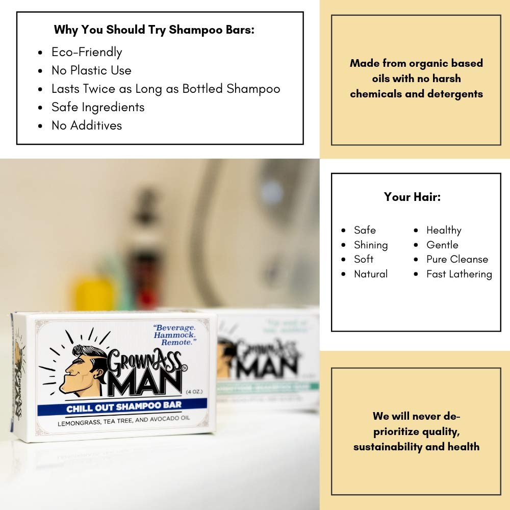 Grown Ass Man Co. - Solid Shampoo Bar Rich Lather 3 in 1: Hair, Beard & Body Wash - Plastic Free & Eco-Friendly, Natural & Organic Clean for All Hair Types, 4oz Bar (Chill Out, Single)