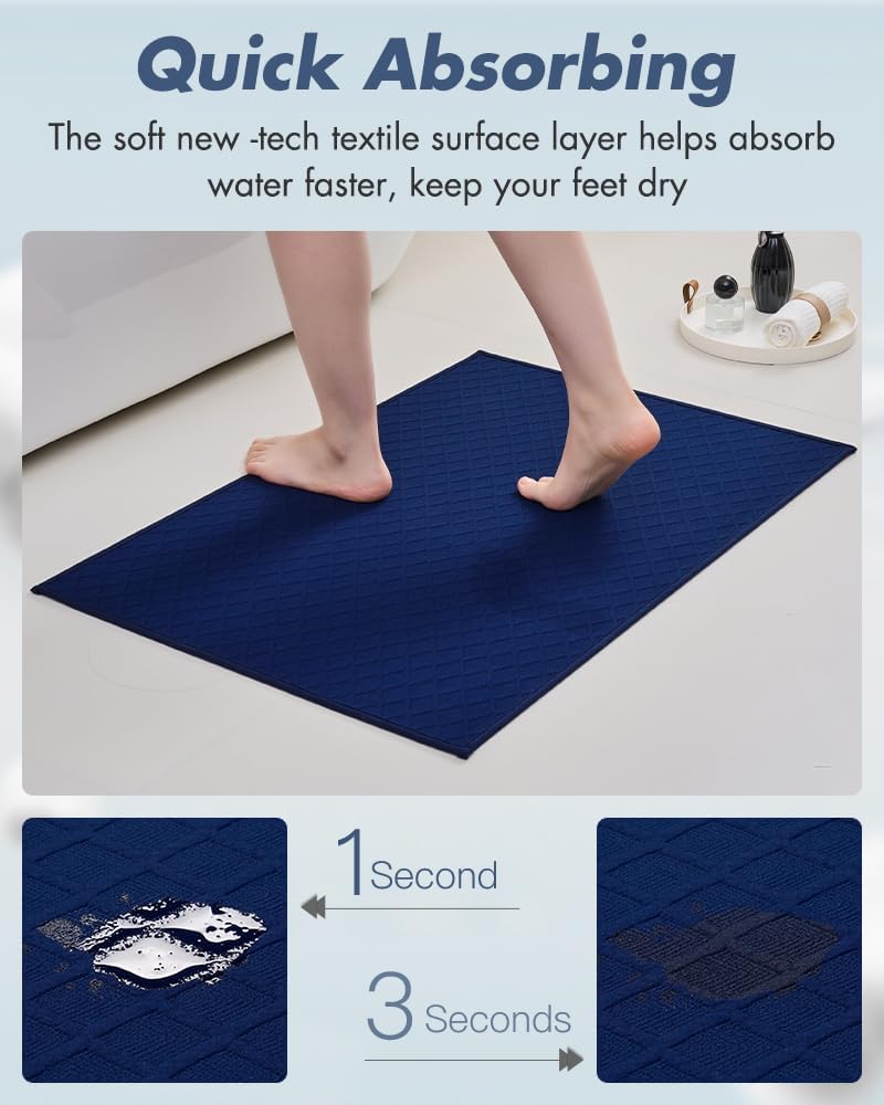 AMOAMI Ultra Thin Bathroom Rugs, Rubber Backed Bath Mats for Bathroom Non Slip, Absorbent Bathroom Mat for Floor, Shower, Sink(20"x 32", Blue)