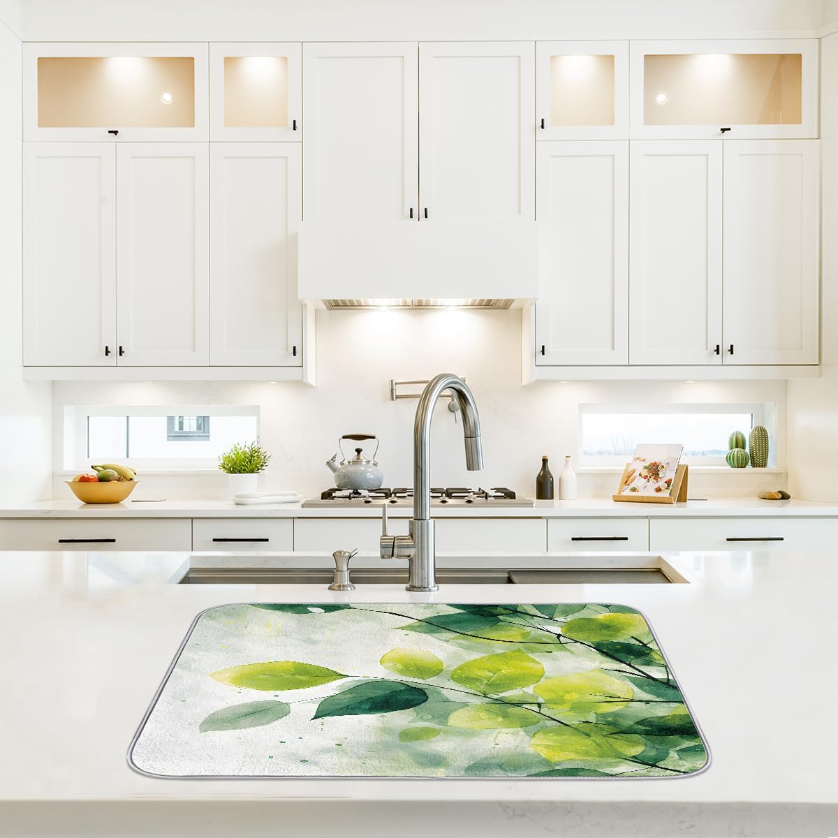 Dish Drying Mat Watercolor Green Leaves Art Large Drying Mat for Kitchen Counter 18x24in Absorbent Dish Drainer Rack Pad, Heat Resistant Coffee Bar Mats Countertop Protector