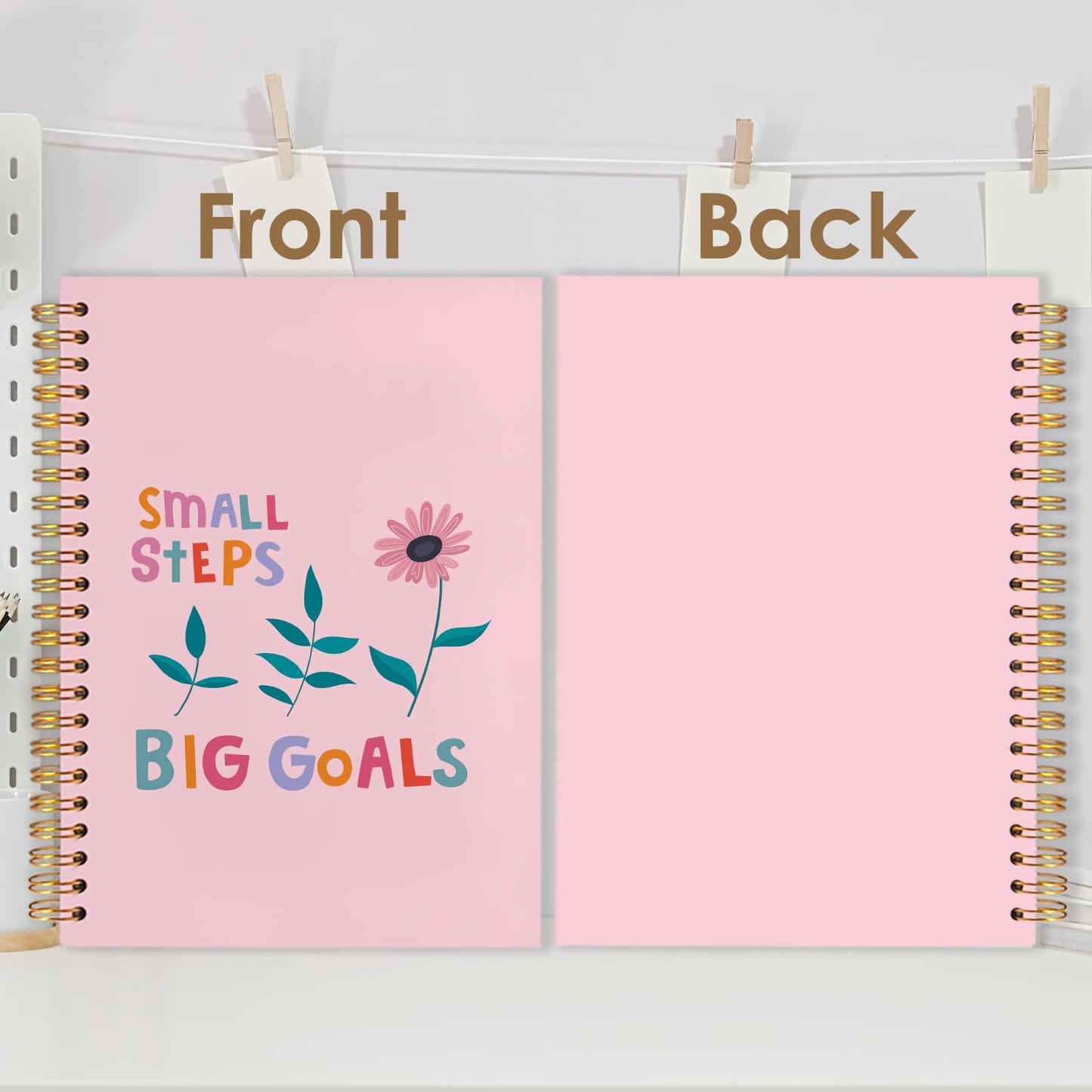 Pink Floral Inspirational Spiral Journal Notebook 5.5x8.3in, Small Steps Big Goals Mental Health Journal for Women, Motivational Notebooks for Note Taking, Pink Flower Hardcover Notebook