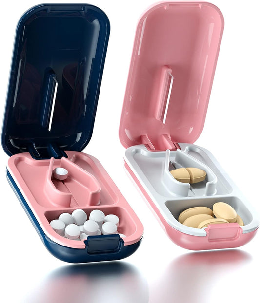 DUBSTAR Small Pill Cutter, Pill Cutter Splitter for Small and Tiny Pills, Portable Pretty Pill Cutters for Large Pills, Cuts Vitamins Tablets for Purse Pocket (2 PCS Pill Cutters, Blue+Pink)