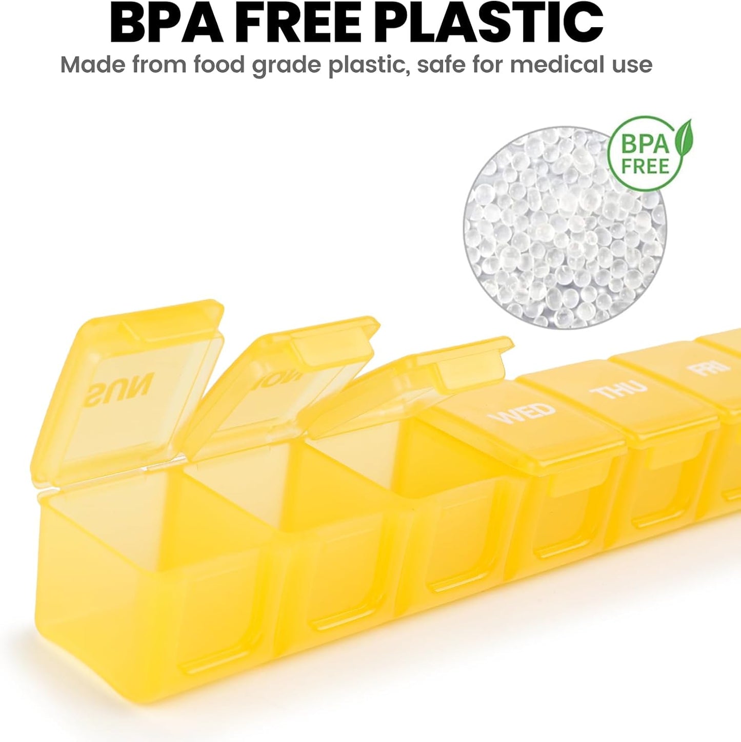 Sukuos Extra Large Daily Pill Organizer 7 Day, Easy to Open Weekly Pill Box Case, Portable Medicine Organizer with Clear Lid for Vitamins, Fish Oils or Supplements (Yellow)