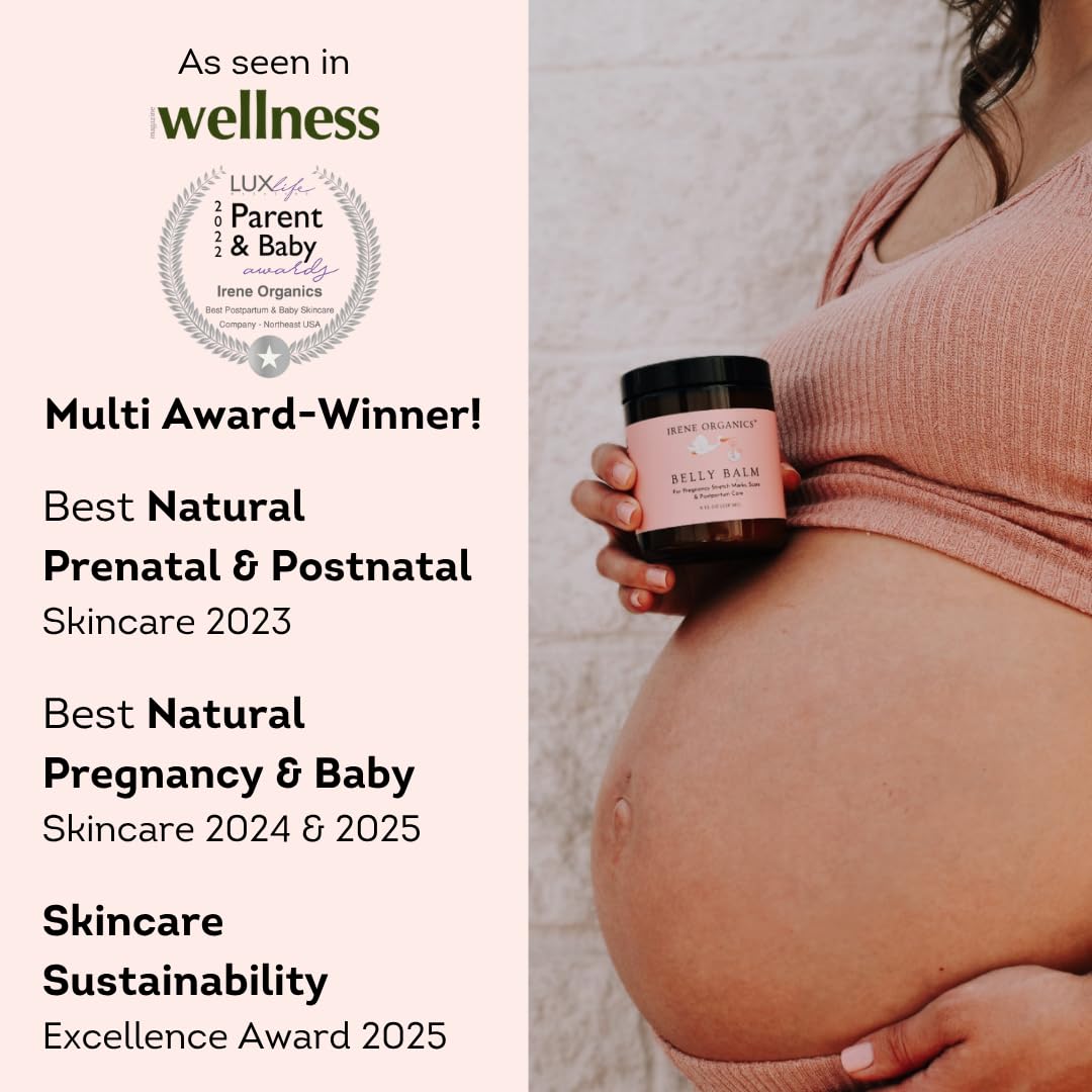 Irene Organics Organic Belly Butter for Pregnancy Stretch Mark Prevention and Treatment Award Winning Anti Stretch Mark Tummy Balm For Pregnancy and Postpartum 8oz - Hydrating Bump Cream