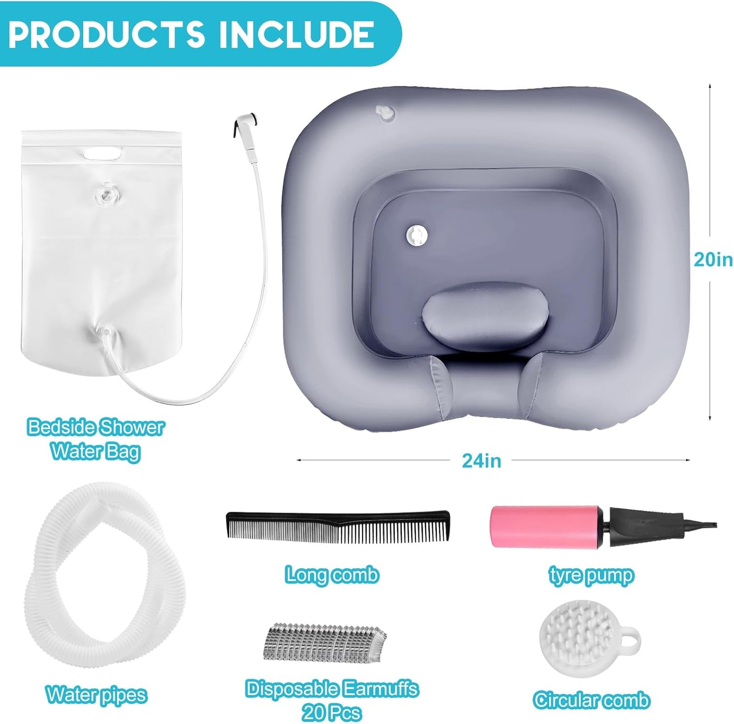 Inflatable Shampoo Basin, Loc Detox Tub for Dreads, Shampoo Buddy Bowl for Bedridden, Disabled,Injured with 2.5 GL Portable Water Shower Bag（Silvery）