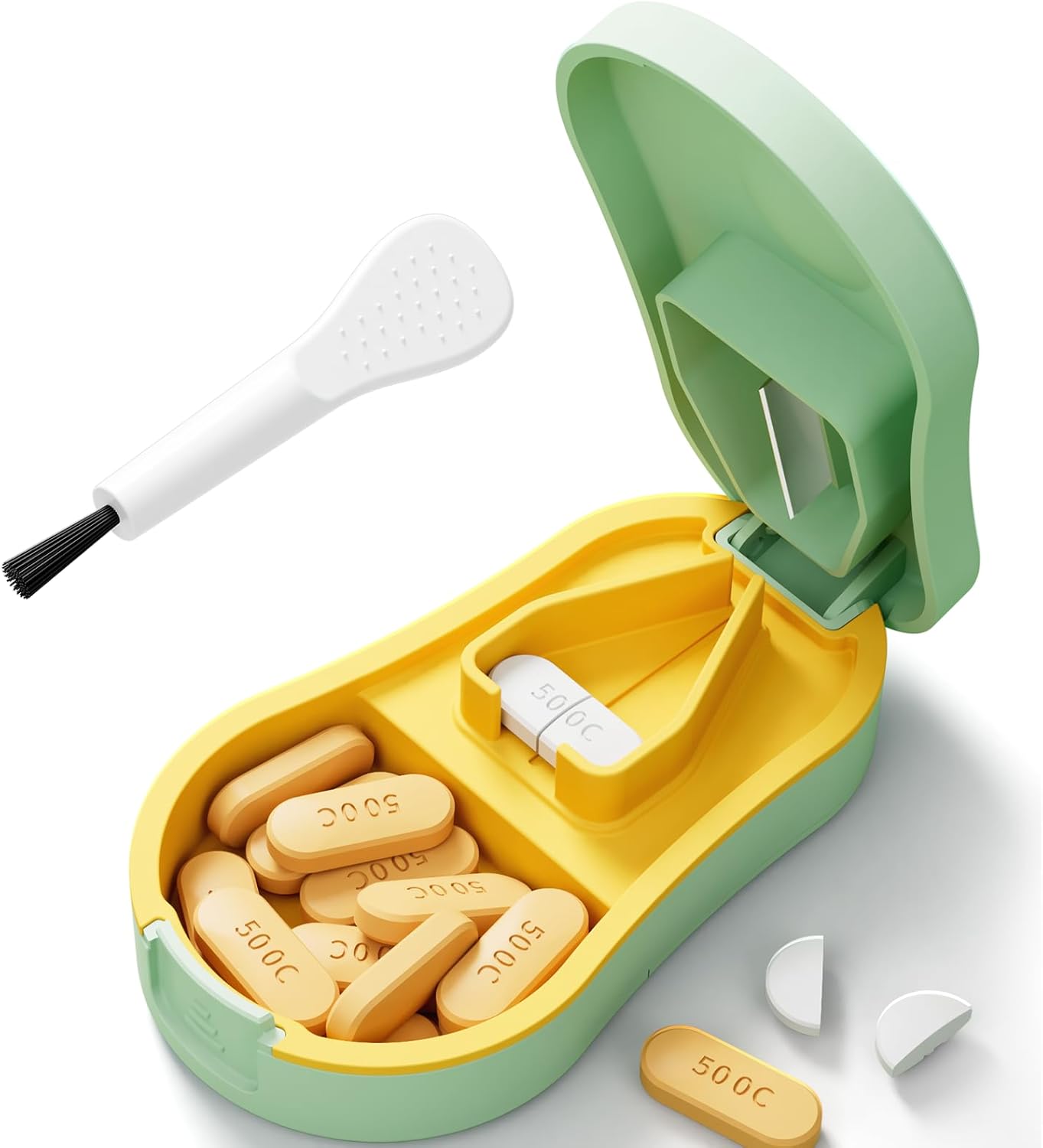 Pill Cutter for Small and Tiny Pills - Pill Splitter with Detachable Silicone Pad - Easy Open Snap Button. Wrap-Around Blade Guard Prevents Cuts. Back Storage (Green)