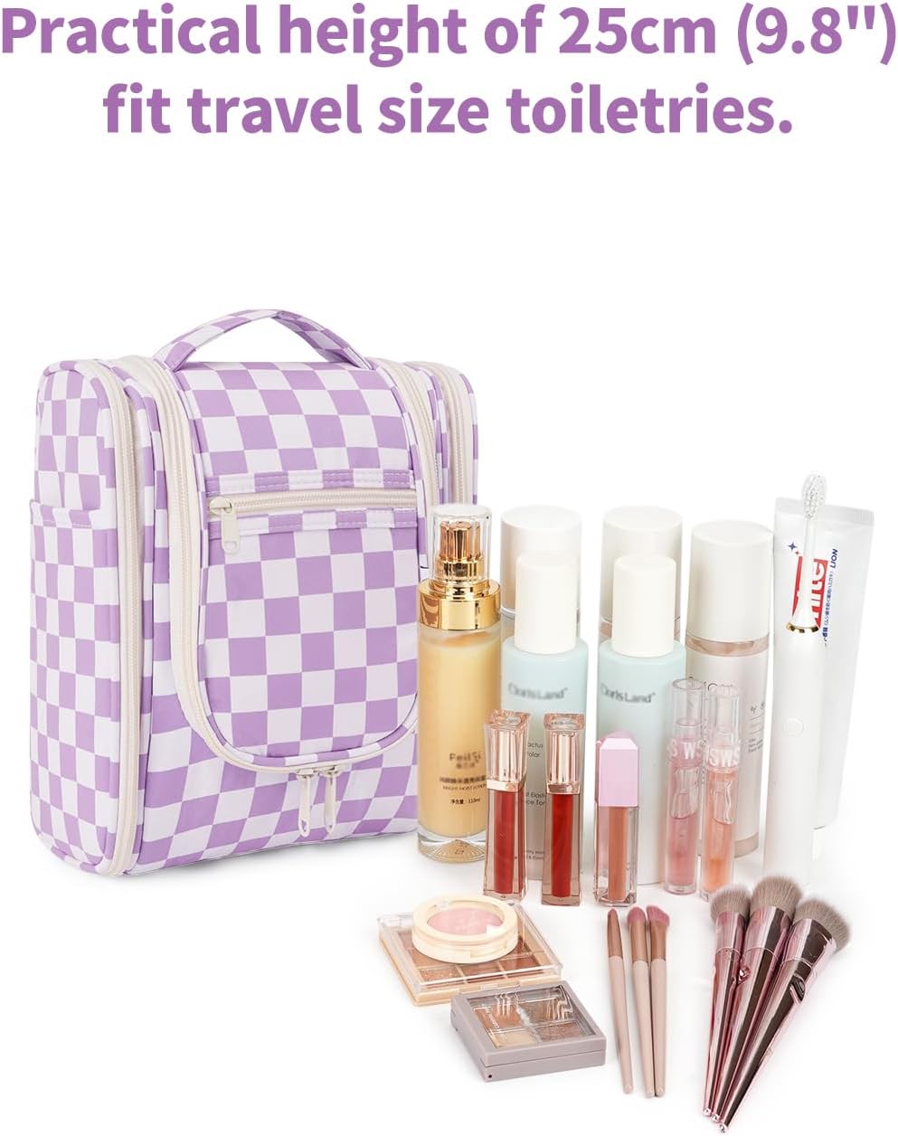 Narwey Small Checkered Hanging Travel Toiletry Bag for Women, Travel Bag for Toiletries, Makeup Bag Organizer Cosmetic Bags Make Up Bags for Women (Purple Checkerboard)