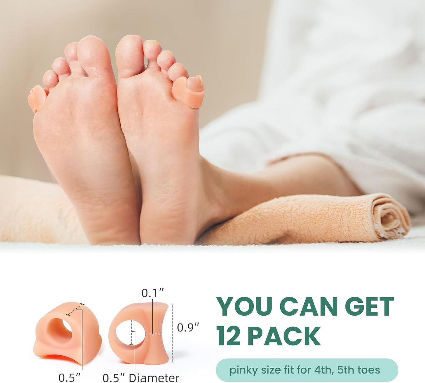 Welnove Toe Separator for Overlapping Toes - 12 Pack Toe Spacers for Bunions - Toe Corrector for Hammer Toes, Realign Crooked Toes - Preventing Rubbing Relieve Pressure (Small, Beige)