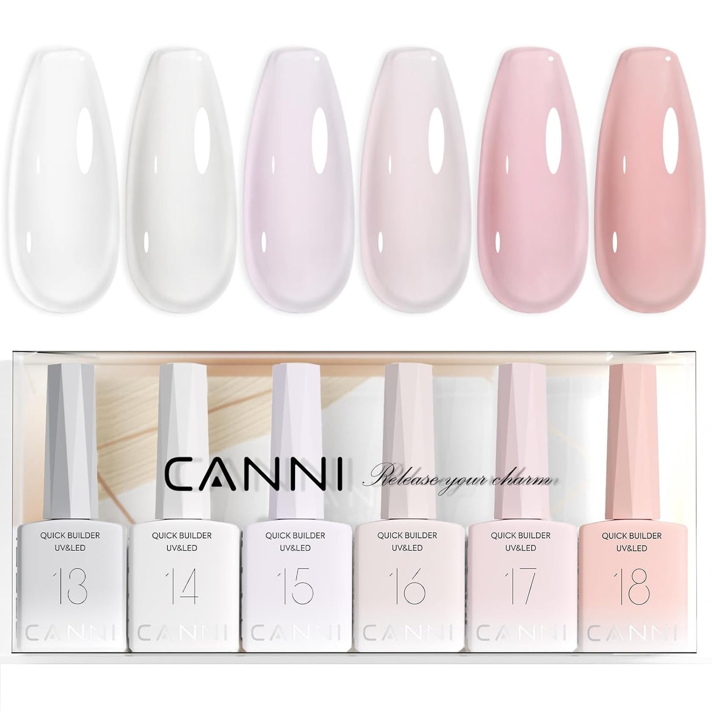 CANNI 6 Pcs 9 Ml Clear Builder Nail Gel Polish Set- Milky White Neutral Nude Pink Colors Builder for Nails Strengthener Gel Thickening Extension for Beginners DIY Home Salon Manicure