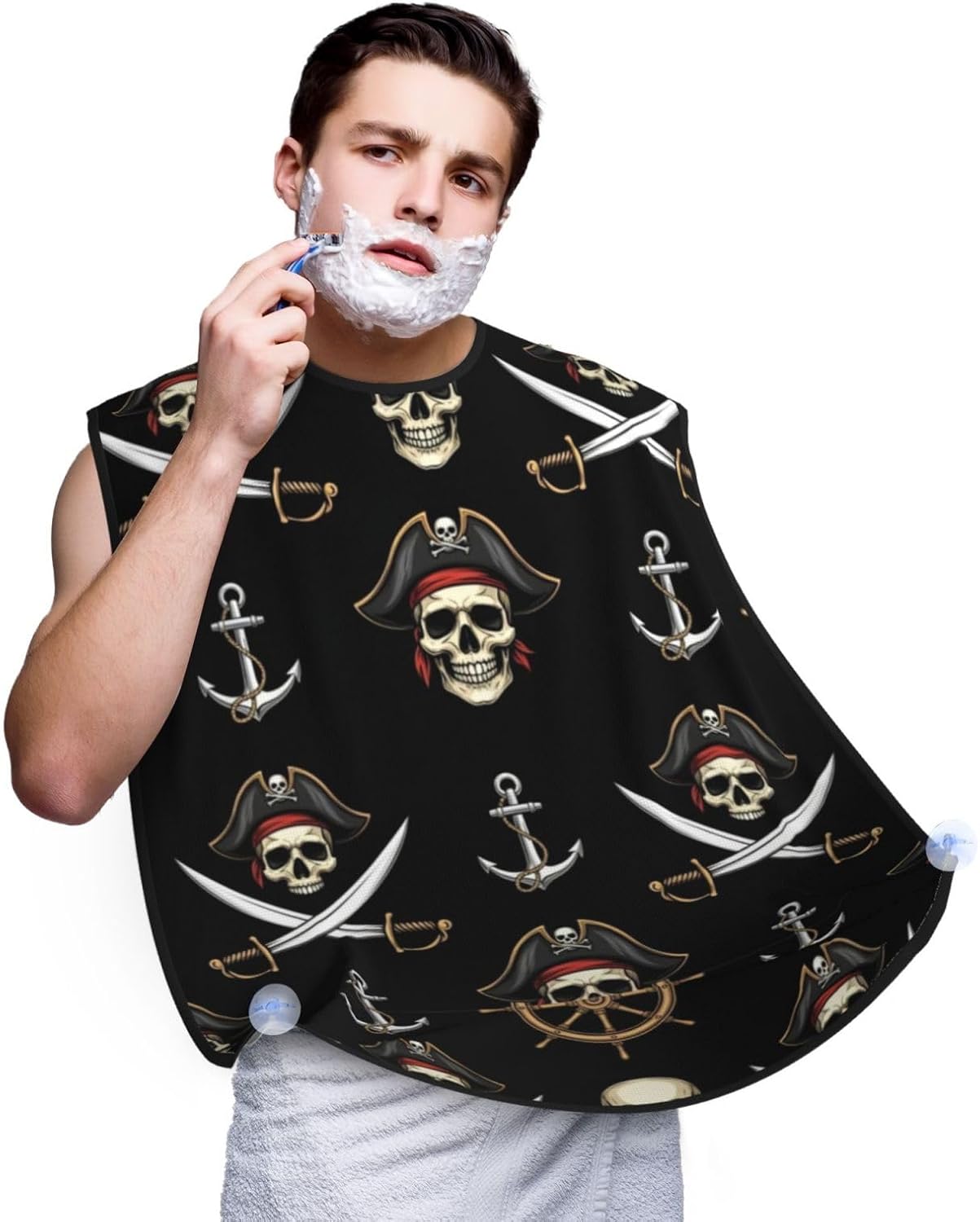 Beard Bib with 3 Suction Cups, Non-Stick Waterproof Hair Catcher Apron, Men's Shaving Essential for Grooming, Nautical Anchor Pirate Skulls Shave Bib
