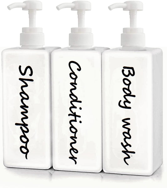 21oz Shampoo and Conditioner Dispenser (Set of 3) Modern Refillable Shampoo Pump Bottles for Shower Soap - Empty Shampoo Conditioner Body Wash Dispenser Set - Stylish Permanent Labels - for Bathroom