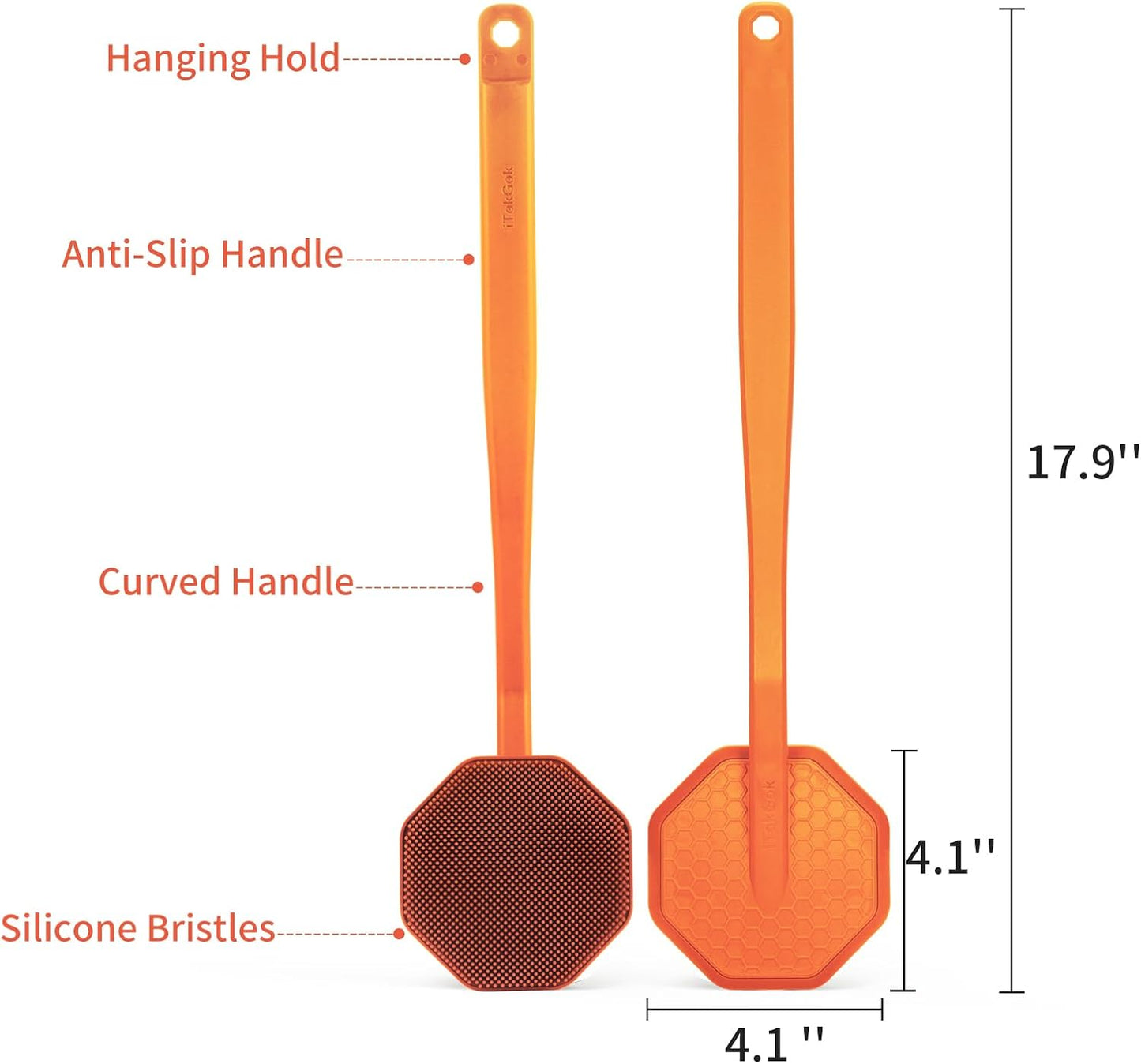 iTokGoK® Silver-Infused Silicone Back Scrubber with Long Handle Back Brush for Shower,Back Brush Long Handle for Men and Women,Ergonomic No-Slip Handle, Long-Lasting (Orange)