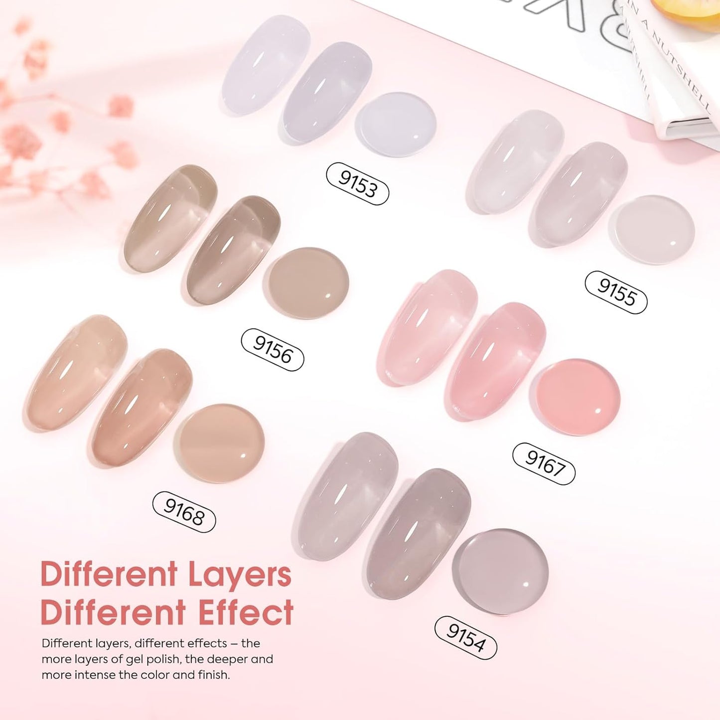 CANNI Jelly Nude Gel Nail Polish Set- 6 Pcs 9 Ml Neutral Transparent Jelly Pink Colors Gel Polish Kit, Soak Off LED Nail Gel Manicure Kit DIY at Home Salon Gifts