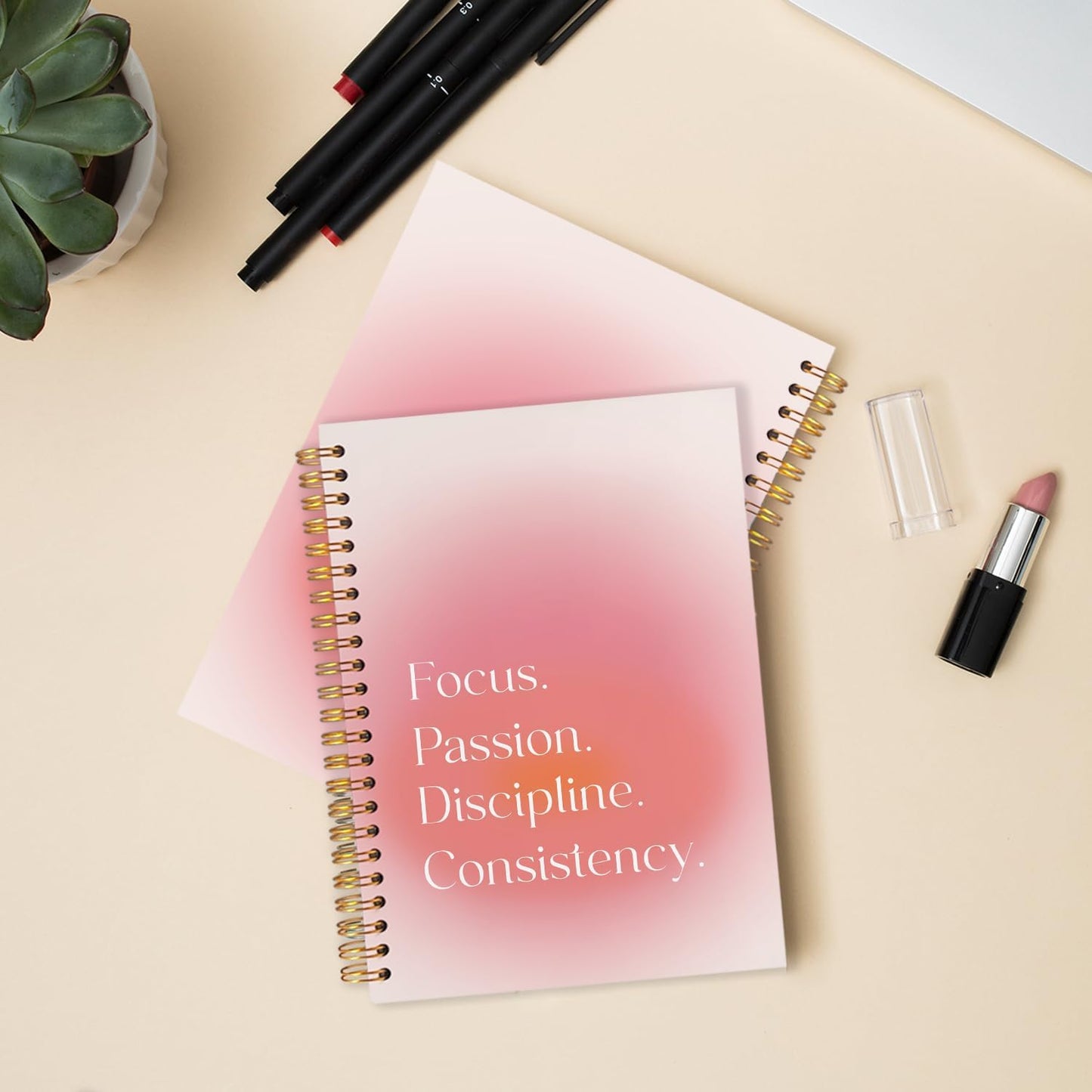 Pink Aura Inspirational Spiral Journal Notebook 5.5x8.3in, Motivational Journal for Women, Focus Passion Discipline Consistency Notebooks for Note Taking, Pink Aesthetic Hardcover Notebook