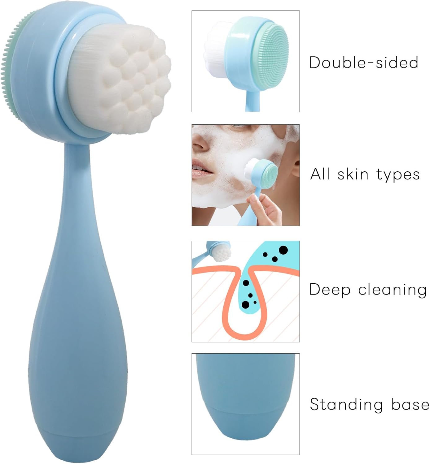 Face Brush 2 in 1, Facial Cleansing Brush Double Sides, Facial Exfoliation Scrub Brush Silicone Manual Face Scrubber Brush for Gentle Deep Pore Cleansing, Skincare (Sky Blue, 1 Pack)