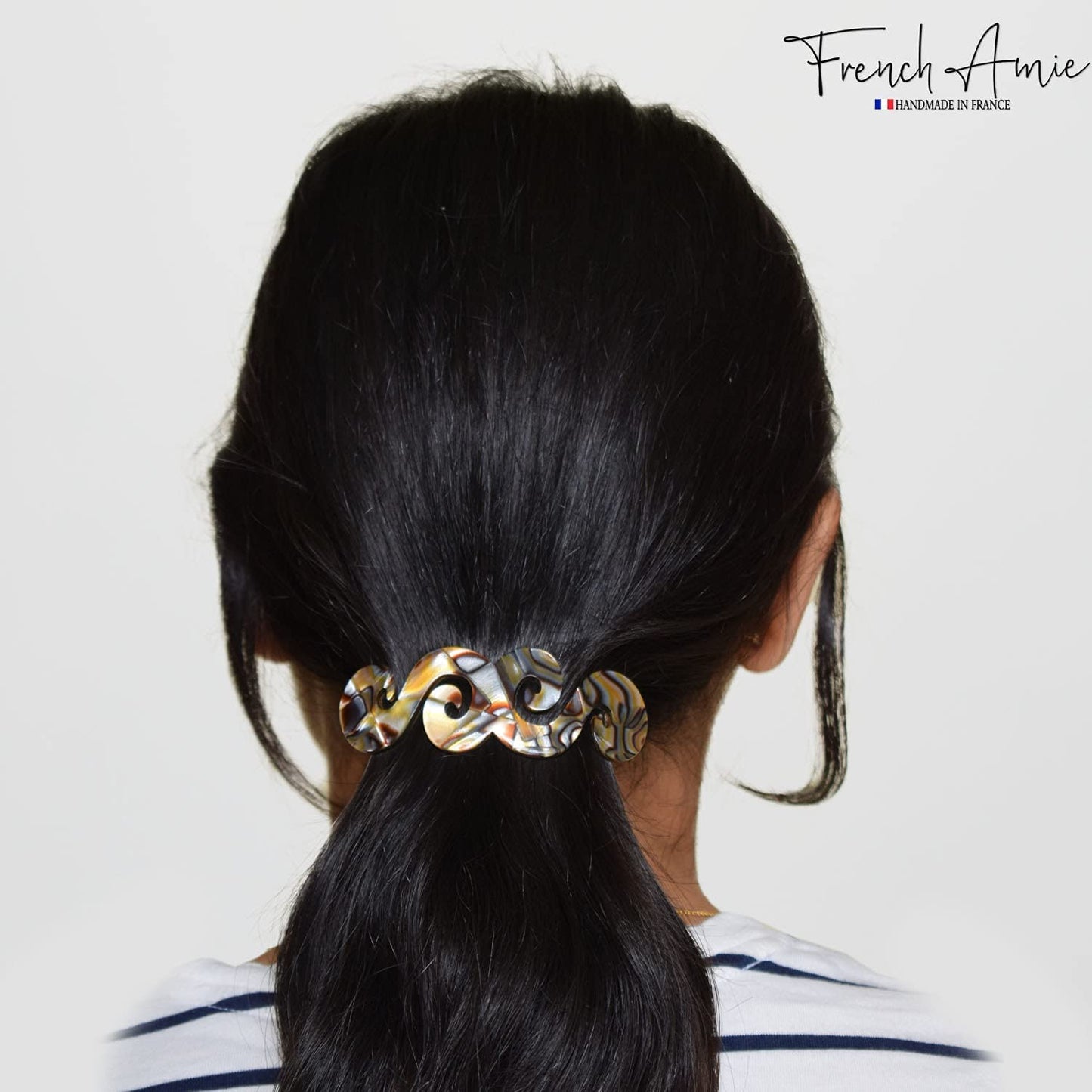 French Amie Swirls Onyx Silver Grey 3” Celluloid Handmade Hair Clip Barrette with Silver Clasp for Women and Girls, Made in France