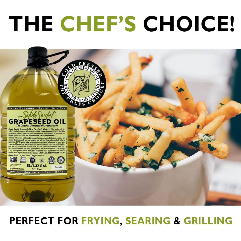 Cold Pressed Grapeseed Oil by Salute Sante! High Temperature Cooking, Healthy Grape Seed Oil, Non-GMO and Kosher for Salad Dressings, Marinades and Dips, Vegan, 5 Liter, 3 Pack