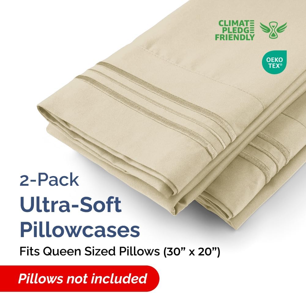 Queen Pillow Cases Set of 2 - Ultra Soft Hotel Quality Pillowcase Covers - Comfy, Cozy & Wrinkle Free - Shrinkage, Stain and Fade Resistant - Machine Washable Pillow Protectors - 2 Piece Set - Cream
