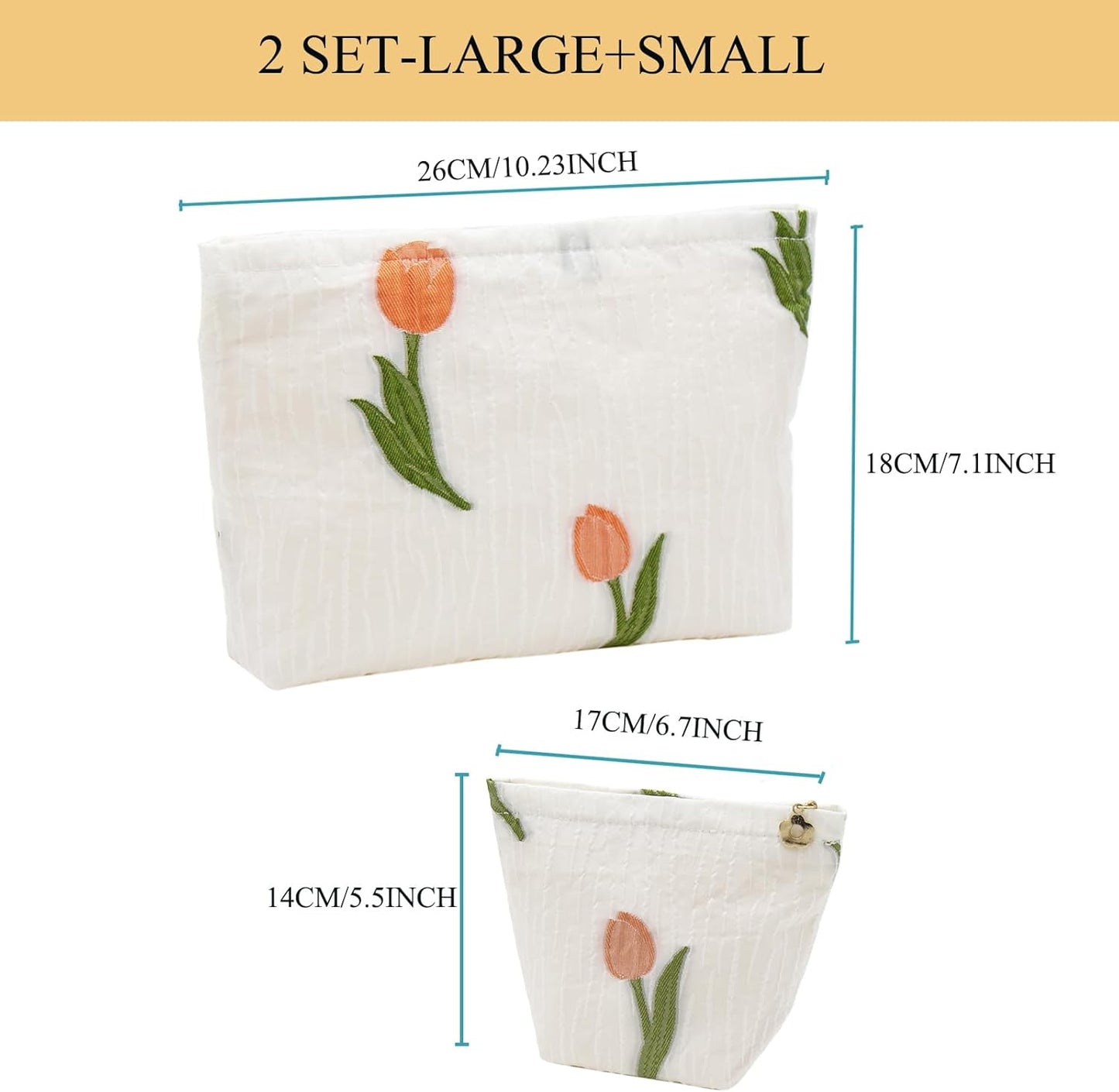 2 Pcs Makeup Bags, Large Cosmetic Bag Travel Toiletry Bag Organizer for Women, Embroidery Craft, Floral Makeup Bag Small Cosmetic Pouch Purse with Zipper Gifts for Girls Teen