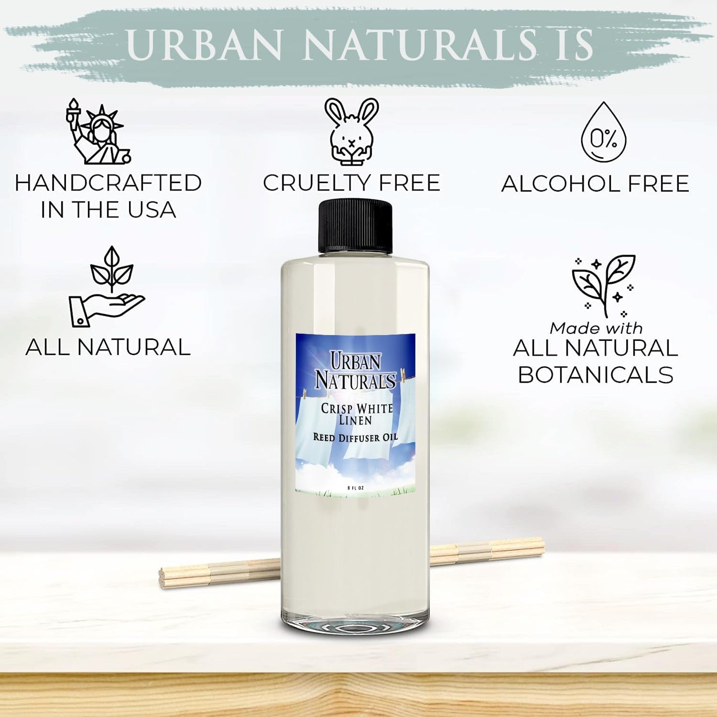 Urban Naturals Reed Diffuser Oil Refill Crisp White Linen with Fresh Linen, Clean Breeze, Soft Cotton 8 oz + Free Reed Sticks, Made in The USA