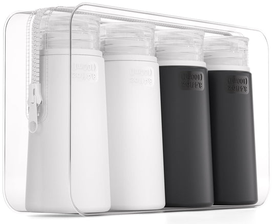 Valourgo TSA Approved 3.4oz Portable Toiletry Bottles, BPA Free Leak Proof Refillable Travel Accessories with Clear Toiletry Bag, Black, White