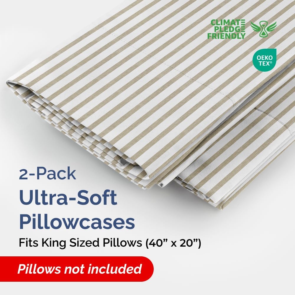 King Pillow Cases Set of 2 - Ultra Soft Hotel Quality Pillowcase Covers - Comfy, Cozy & Wrinkle Free - Shrinkage and Fade Resistant - Machine Washable Pillow Protectors - 2 Piece Set - Beige Stripes 2