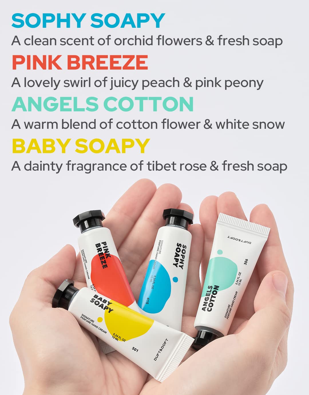 DUFT&DOFT Mini Hand Cream Gift Set - Non-Greasy With Shea Butter & Collagen - Nourishing & Hydrating Scented Cream (Pink Breeze/Sophy Soapy/Angels Cotton/Baby Soapy - Pack Of 4 (0.3 Fl Oz)