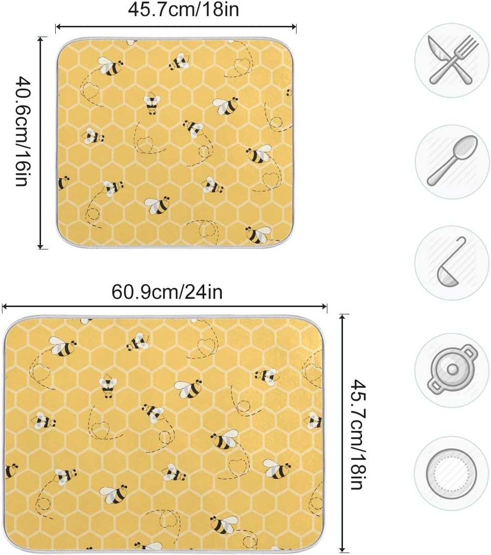Funny Bees Honey Dish Drying Mat 16x18 for Kitchen Counter Yellow Bumblebee Beehive Dishes Pad Absorbent Fast Dry Dish Draining Mats Medium Kitchen Accessories