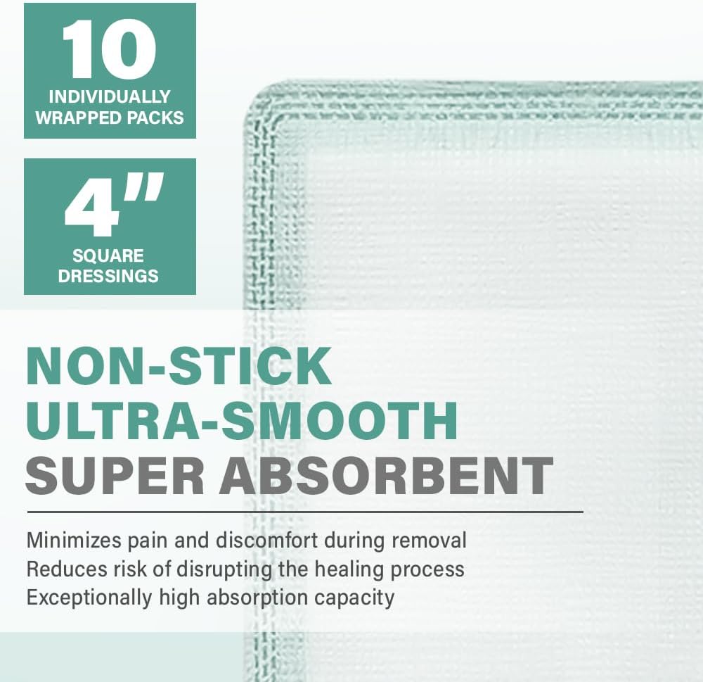 EquiFlow Super Absorbent Dressing for Heavily Exuding Wound | Fast-Absorbing Non-Adhesive Polymer Dressing with Nonstick Gauze Pad | High Absorption & Retention | Pack of 10 (4" x 4")