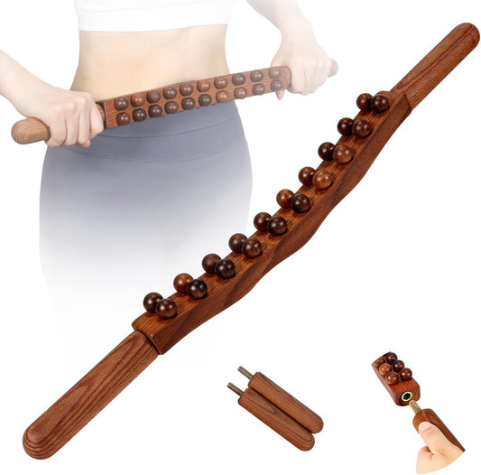Wood Therapy Guasha Wood Stick Massage Tools, Lymphatic Drainage Massage Stick, Stomach Cellulite Massager, Myofascial Release Tool, Ease Pain Self Body Sculpting, Mountable Handle Double Row 20 Beads
